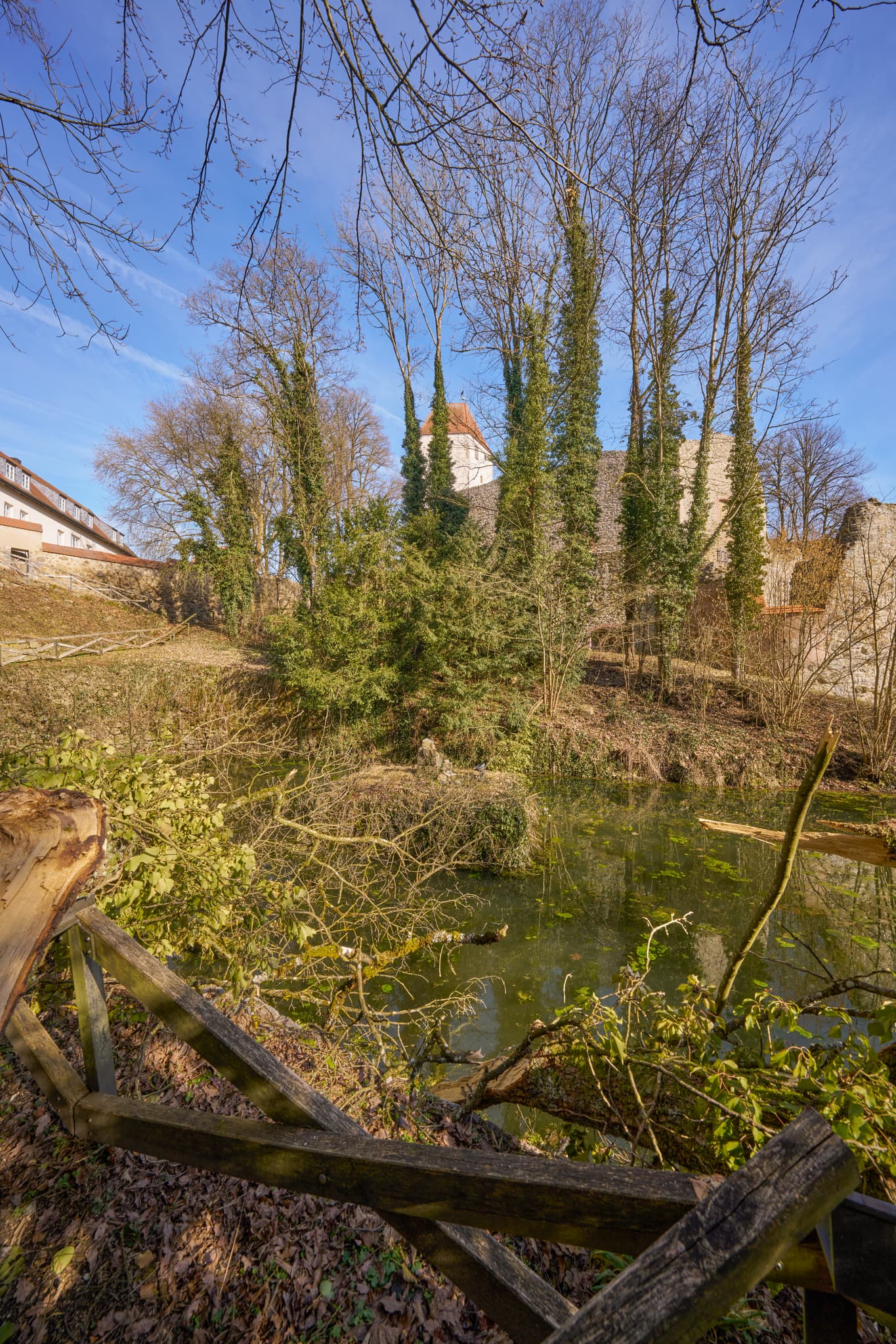 Historisches Schloss Neuburg am Inn im Landkreis Passau, Niederbayern, Deutschland. Ansicht mit Wassergraben, Bäumen. Teil der Donau-Wald Region.