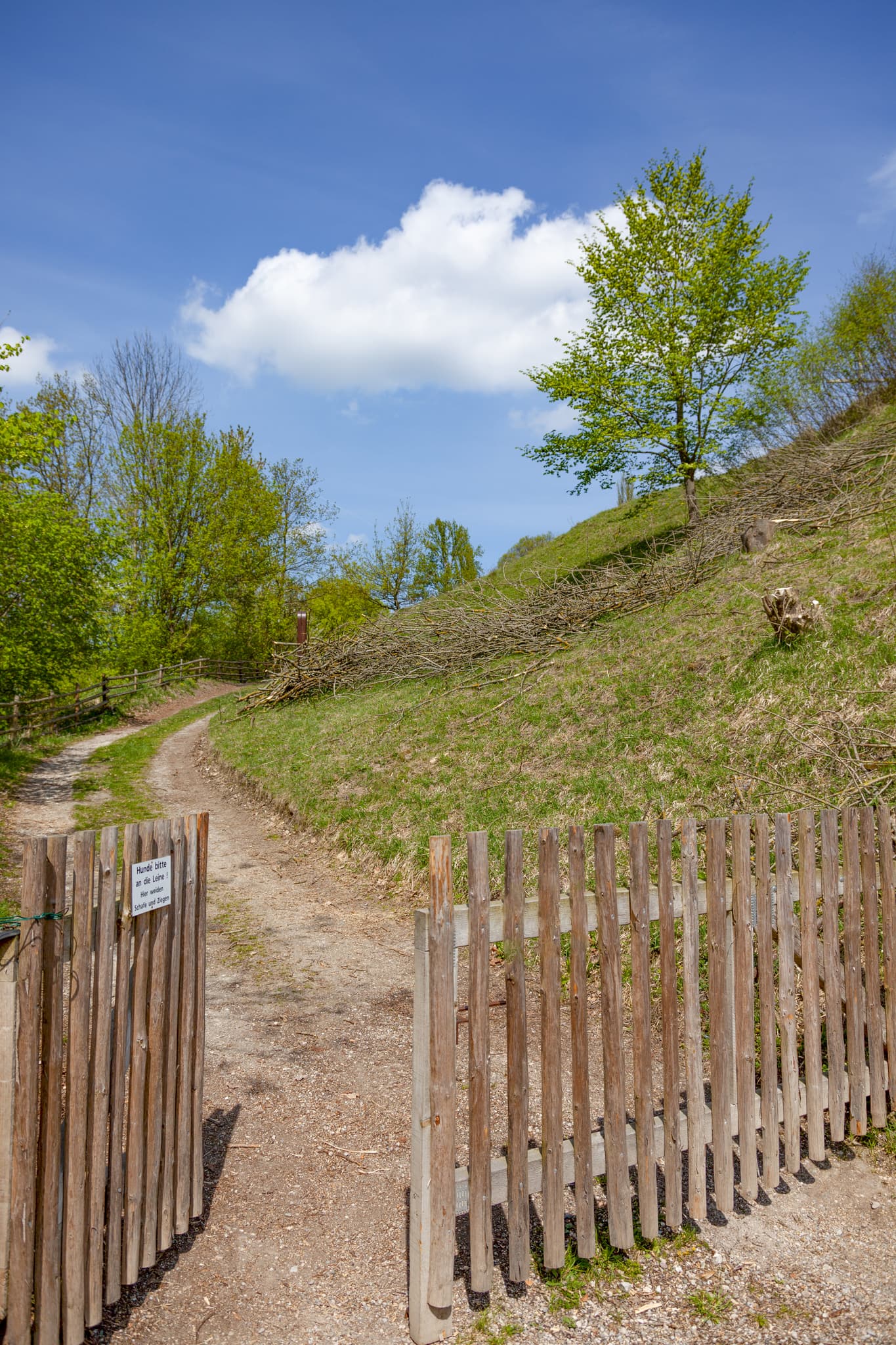 Ein offenes Holztor vor einem unbefestigten Weg, der einen grünen Hang hinaufführt. Motiv bei Kraiburg, Mühldorf am Inn, Oberbayern, Inn-Salzach, Deutschland.
