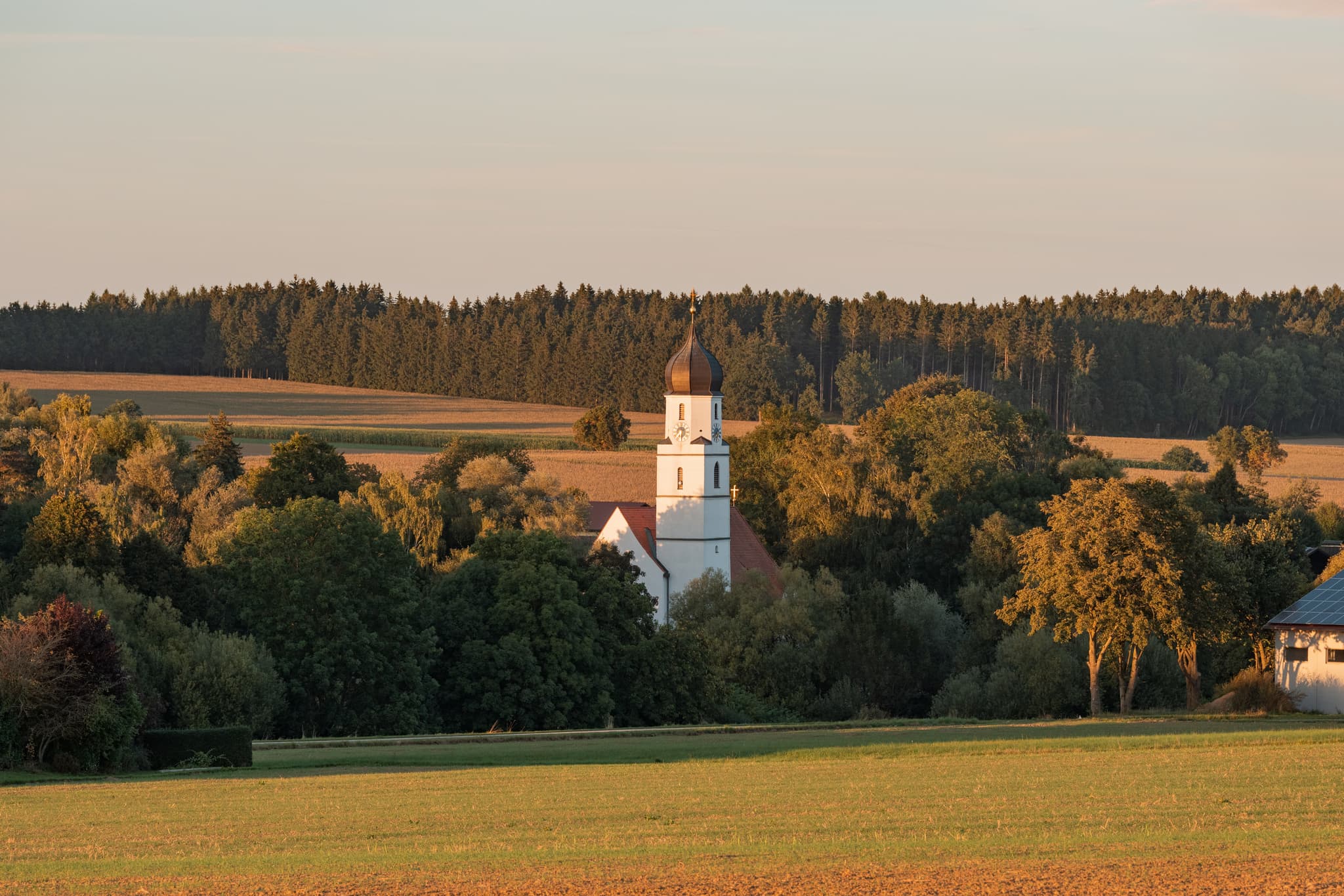Ortsansicht von Dirnaich bei Gangkofen, Landkreis Rottal-Inn, Niederbayern, Deutschland. Die Kirche St. Martin dominiert die ländliche Landschaft im Holzland.