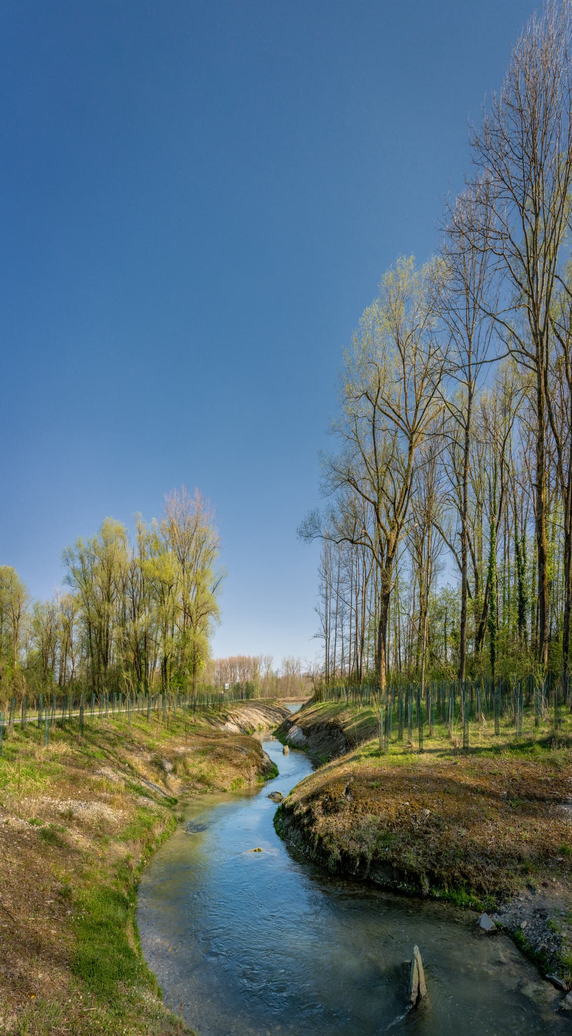 Malerischer Bachlauf in Stammham, Altötting, Oberbayern. Die Inn-Salzach Region in Deutschland zeigt Natur mit Uferbäumen und klarem, blauem Himmel.