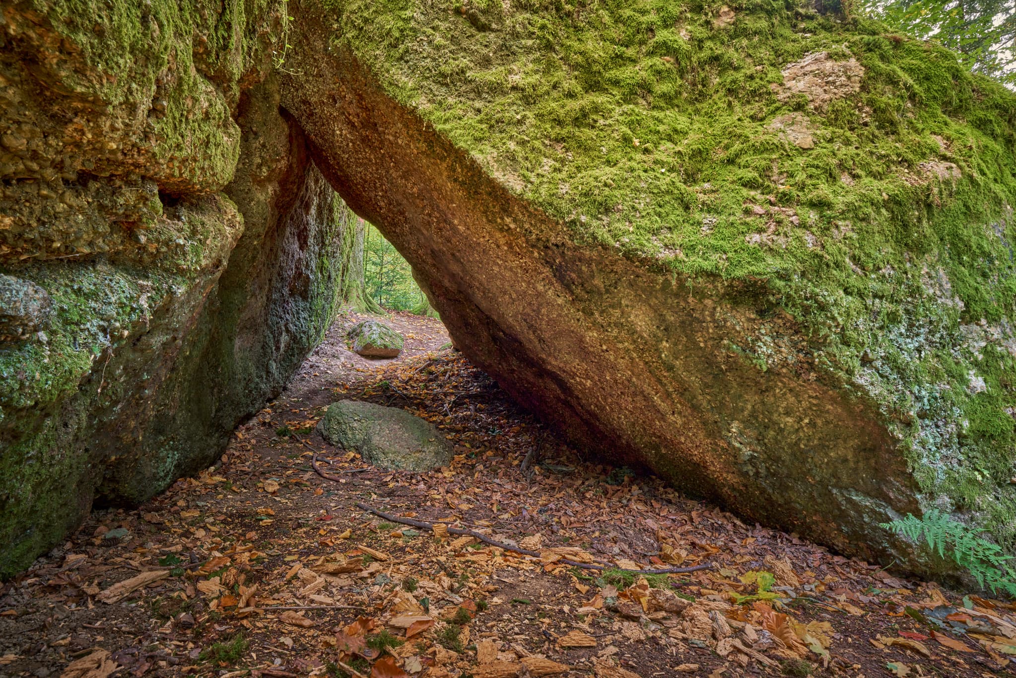 Teufelsstein in Bad Griesbach, Landkreis Passau, Niederbayern, Bayern, Deutschland. Das Bild zeigt Details der Felsstrukturen mit Farbreste.