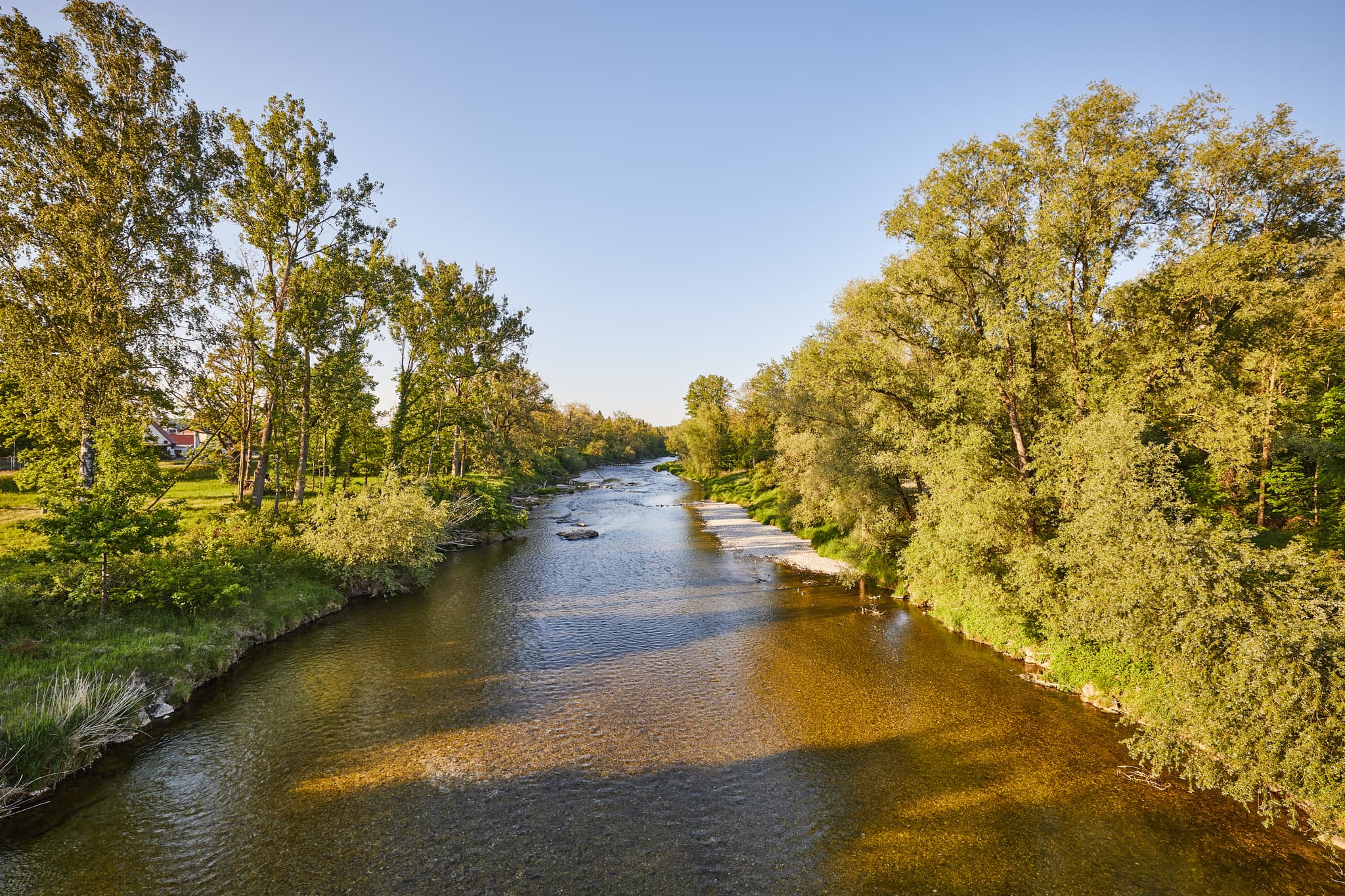 Die Alz bei Hohenwart, Emmerting, Altötting, Oberbayern, Inn-Salzach, Deutschland.Landschaft mit grünen Ufern und Baumreihen.