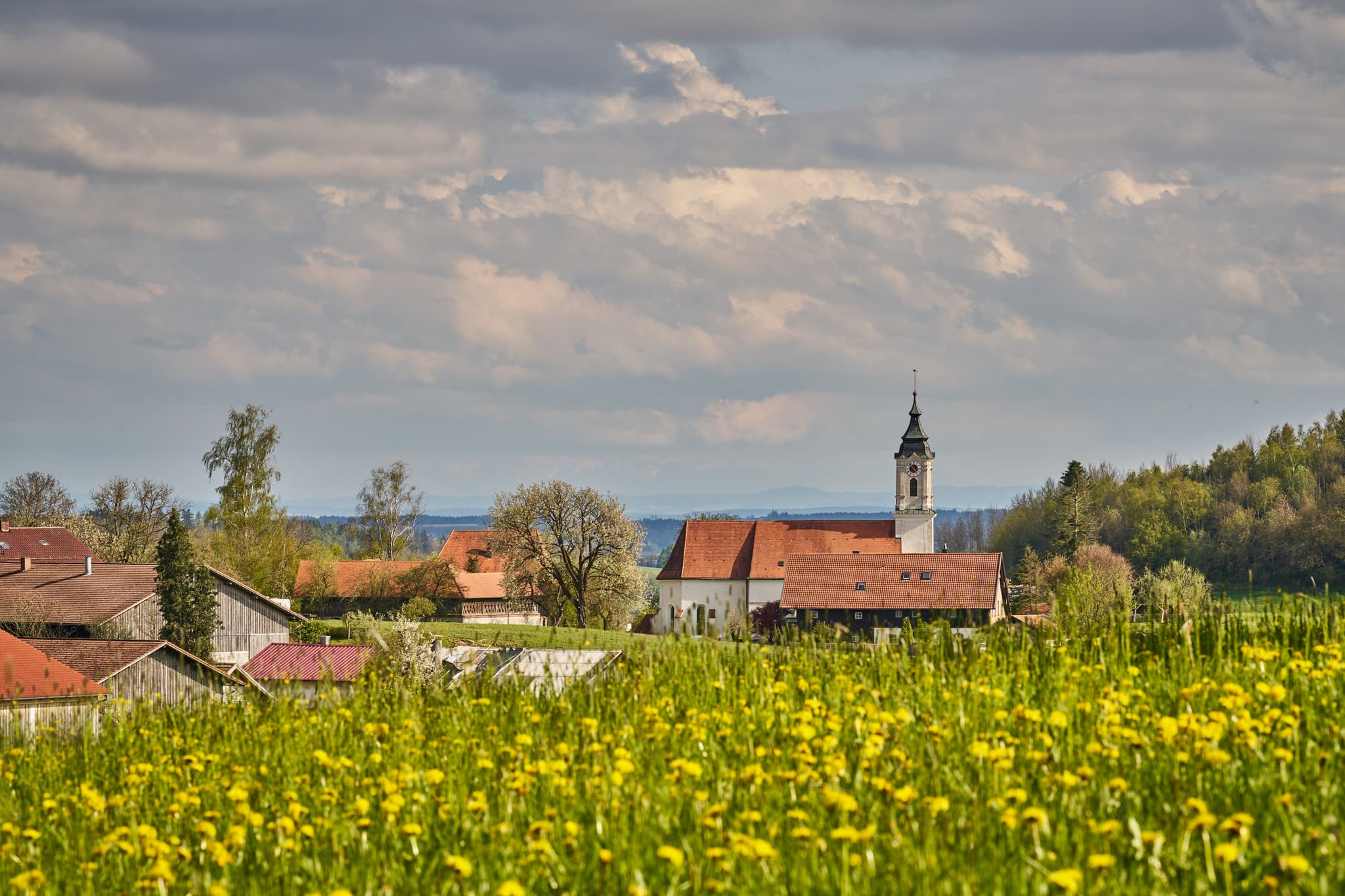 Idyllisches St. Wolfgang im Frühling. Kirche und blühende Wiesen in Bad Griebsach, Landkreis Passau, Niederbayern, Deutschland