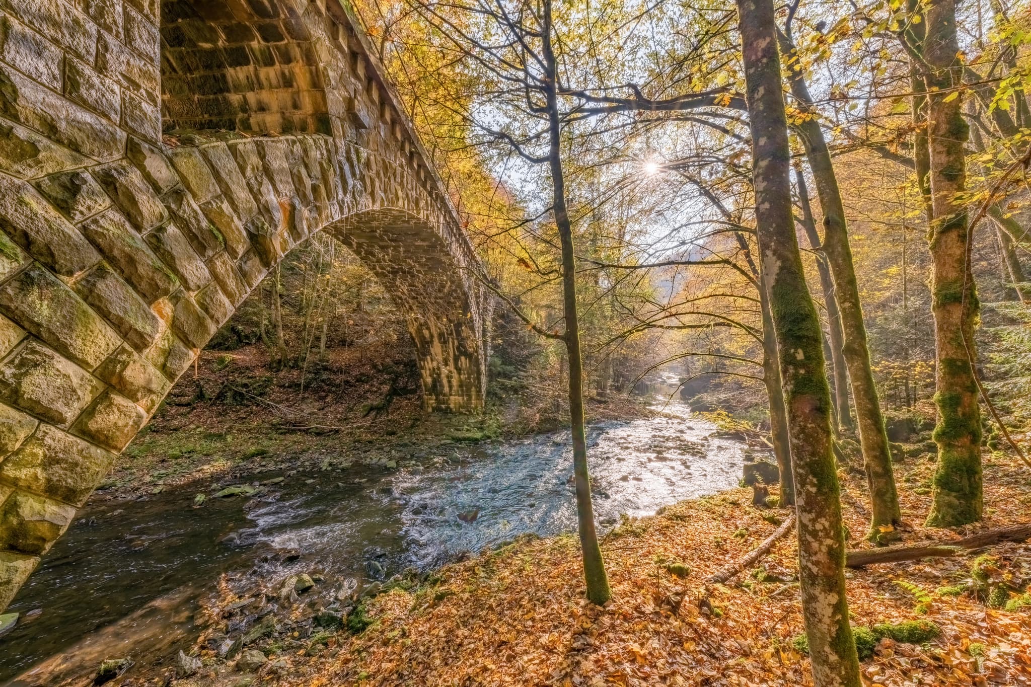 Historische Granitbahn-Brücke über den Erlau Bach im Erlautal, Thyrnau, Obernzell im Landkreis Passau, Niederbayern, Donau-Wald, Deutschland.