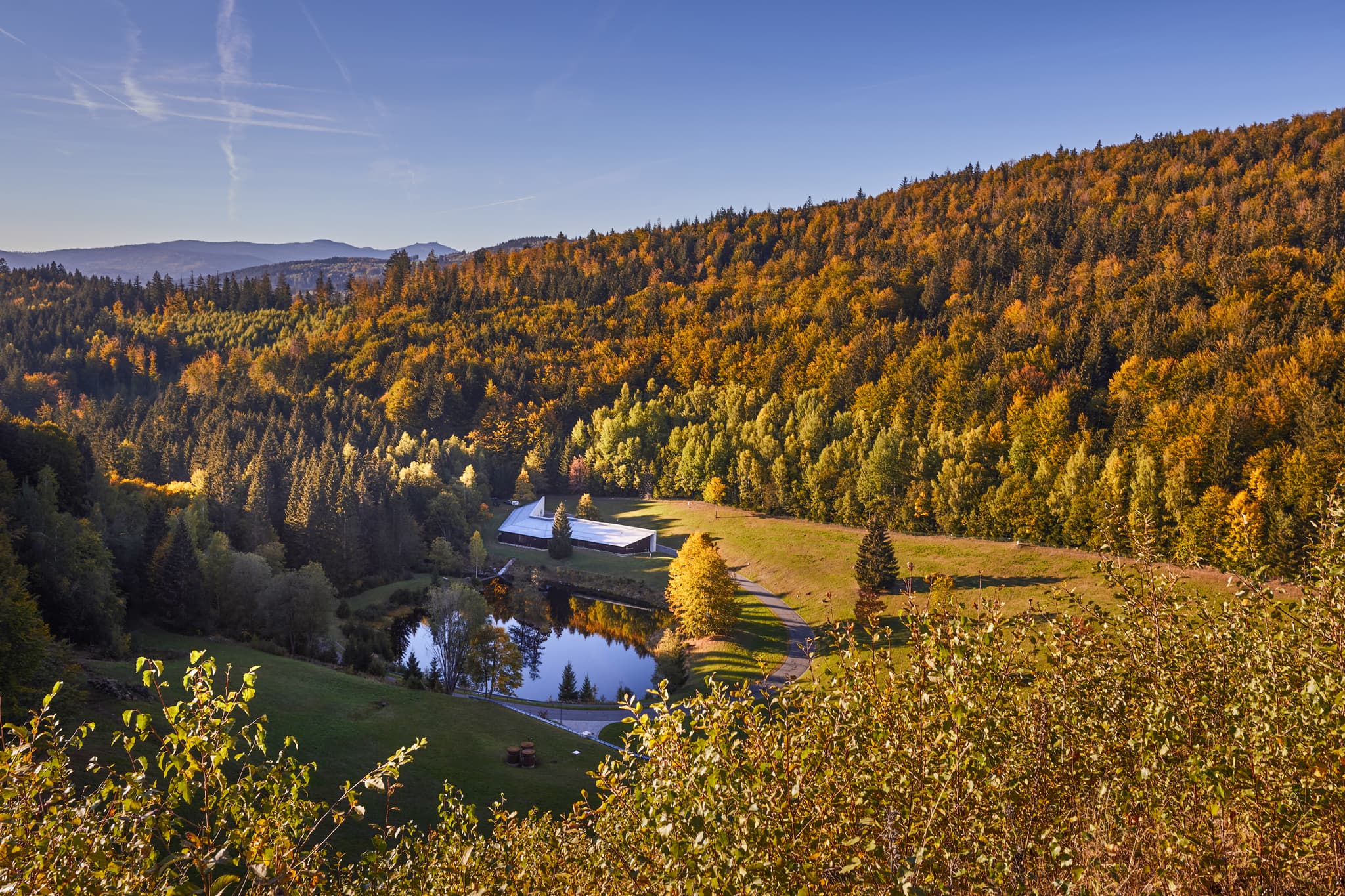 Herbstliche Landschaft am Nordic-Walking-Trail um die Trinkwassertalsperre zwischen Hirschbach und Kleiner Regen, Niederbayern, Bayerischer Wald.