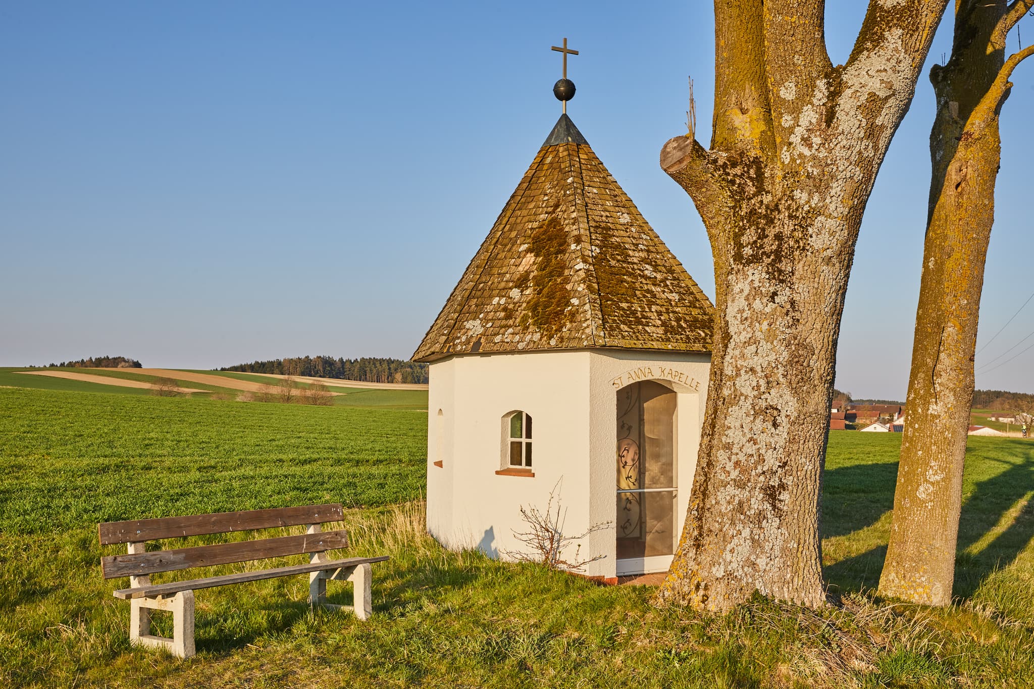 Kapelle St. Anna mit Baum in Feldlandschaft bei Martinskirchen, Wurmannsquick, Landkreis Rottal-Inn, Niederbayern, Holzland, Deutschland.
