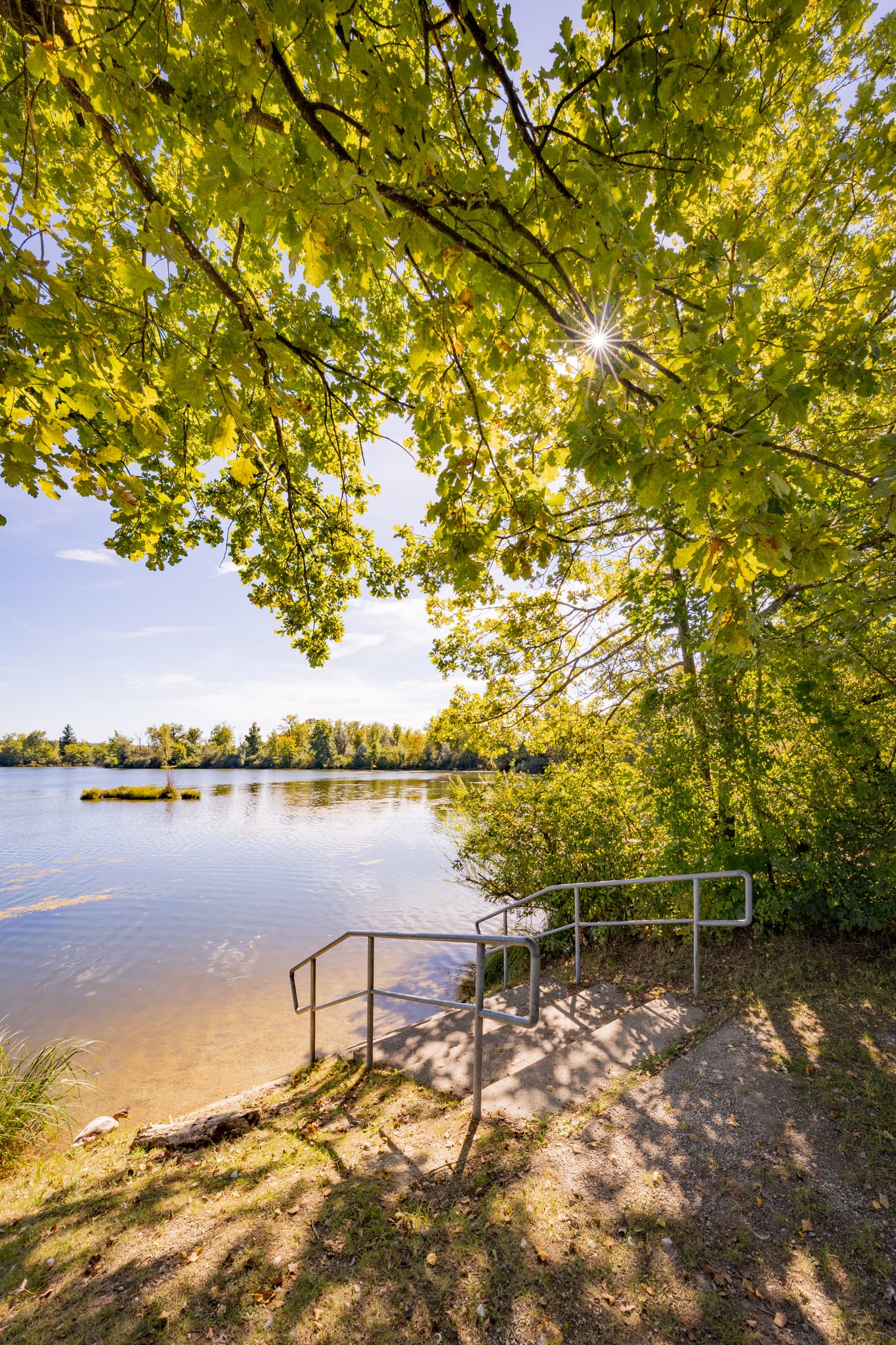 Sommertag am Waldsee Lago, Badesee Simbach, Kirchdorf am Inn, Rottal-Inn. Badetreppe führt ins klare Wasser. Natur im Holzland, Niederbayern, Deutschland.