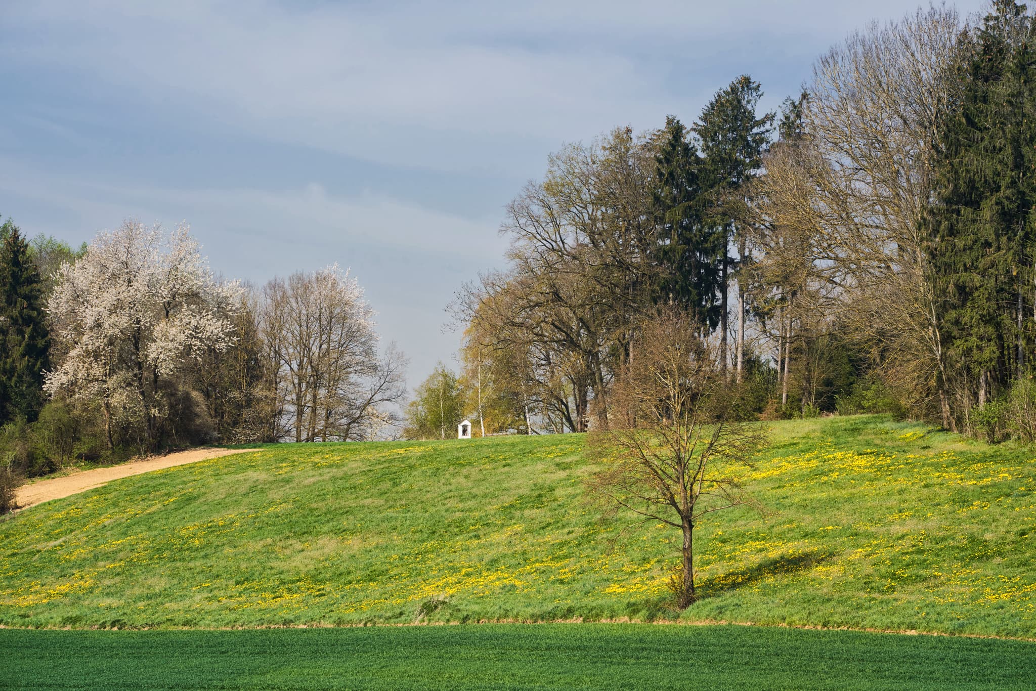 Kirchisen Landschaft in Mettenheim, Landkreis Mühldorf am Inn, Oberbayern, Deutschland. Eine idyllische Szene in der Region Inn-Salzach.