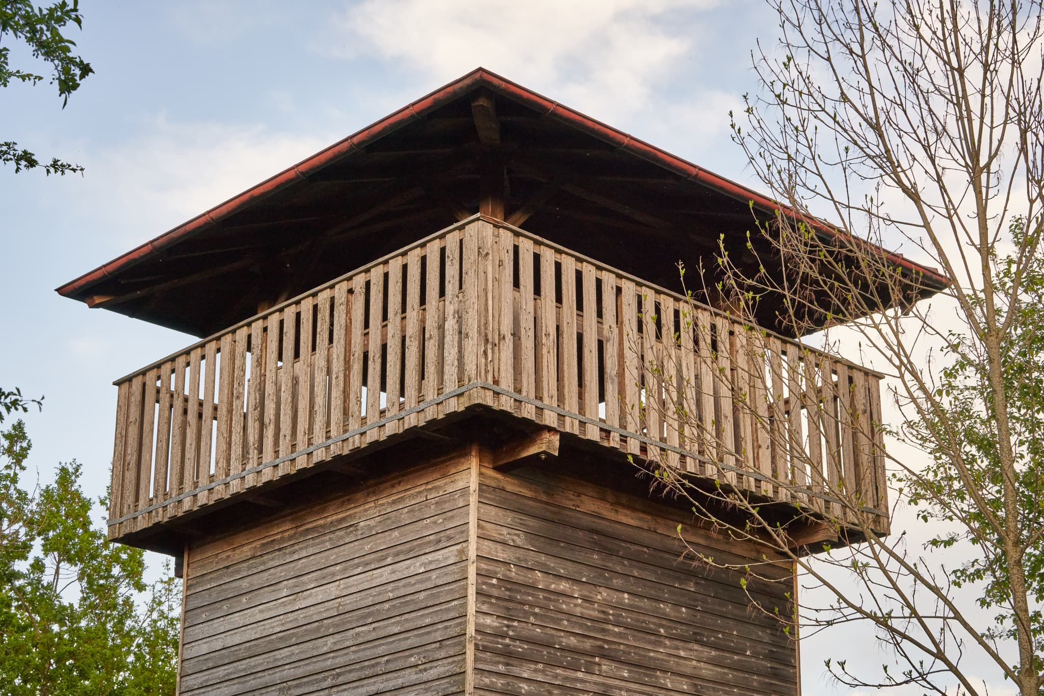 Holz-Aussichtsturm Vogelturm in Ering am Inn, Landkreis Rottal-Inn, Europareservat Unterer Inn, Niederbayern, Region Inn-Salzach, Deutschland.