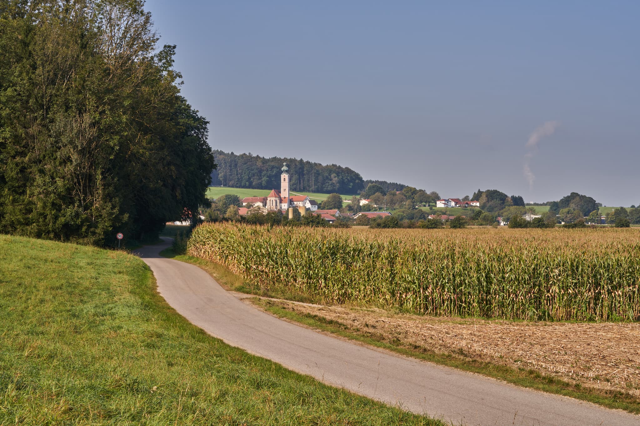 Weg durch Maisfelder bei Badhöring, Gemeinde Mehring. Im Hintergrund der Ort mit Kirchturm. Die Landschaft liegt im Landkreis Altötting, Region Inn-Salzach
