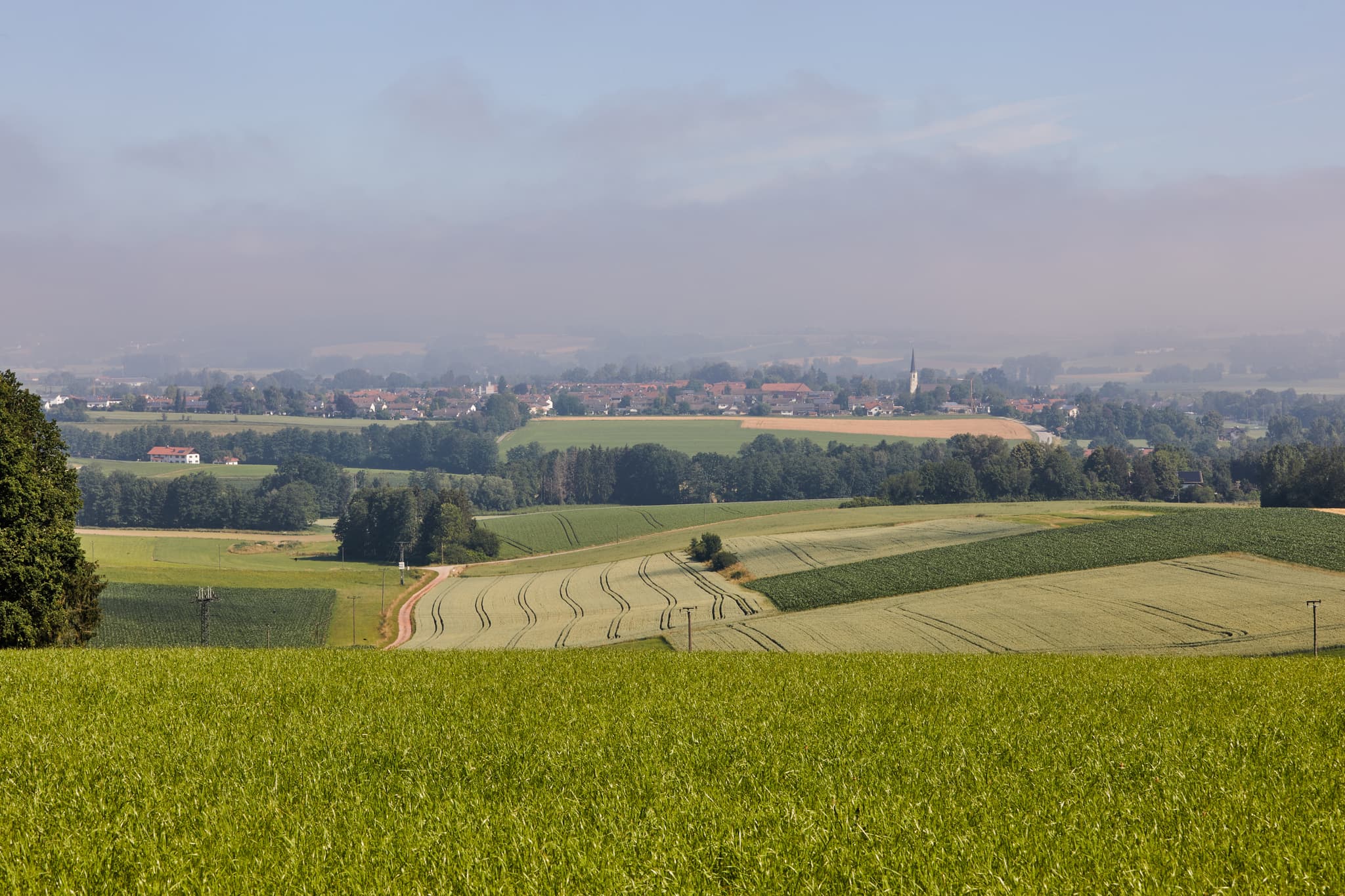 Landschaftsaufnahme von Glatzberg Aussicht in Heldenstein, Mühldorf am Inn, Oberbayern. Felder und Bäume prägen die Inn-Salzach Region in Deutschland.