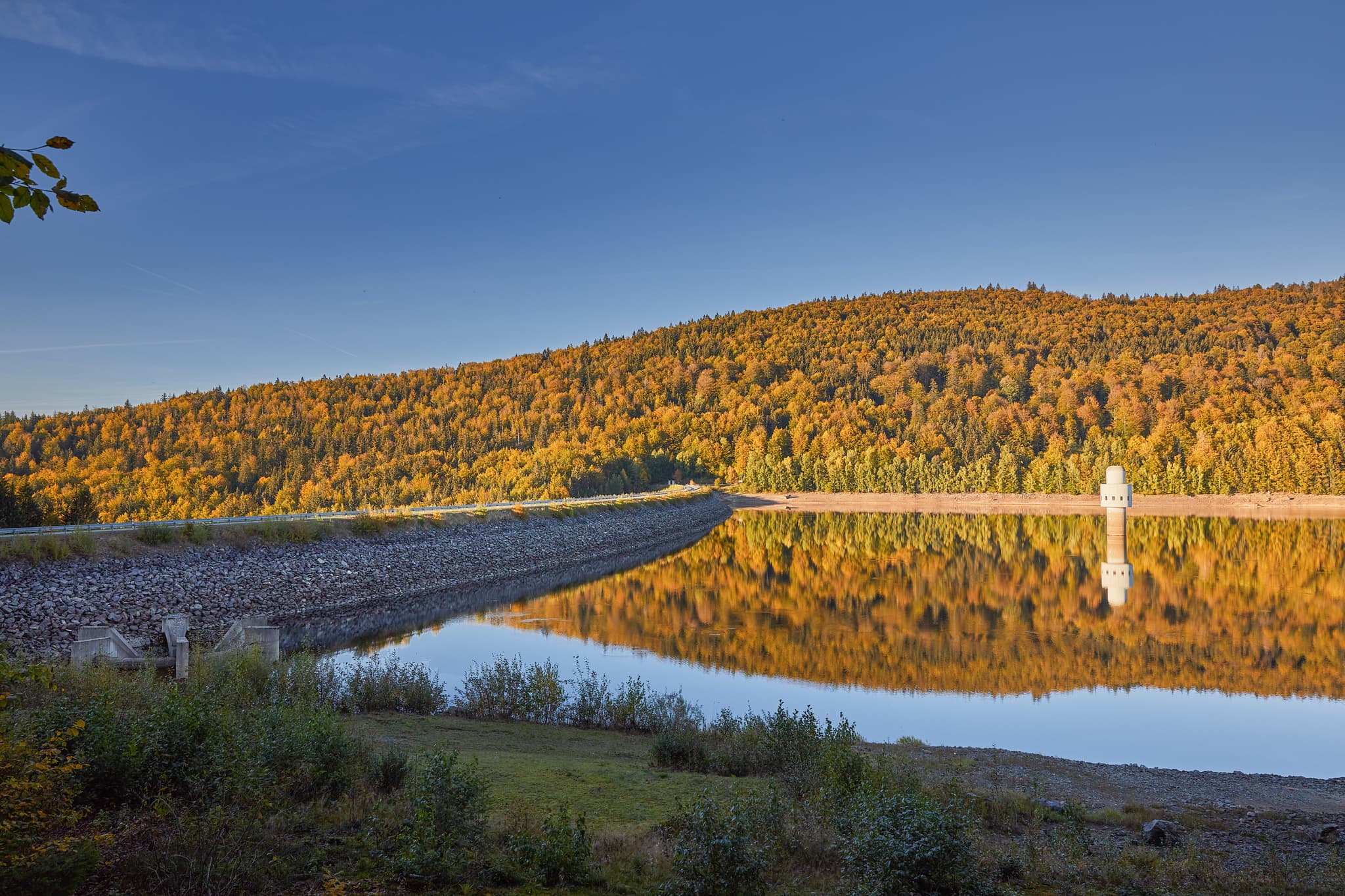 Die Trinkwassertalsperre Frauenau, Landkreis Regen, Niederbayern, Deutschland, Bayerischer Wald. Gewässer mit farbigem Herbstwald und klarer Spiegelung.