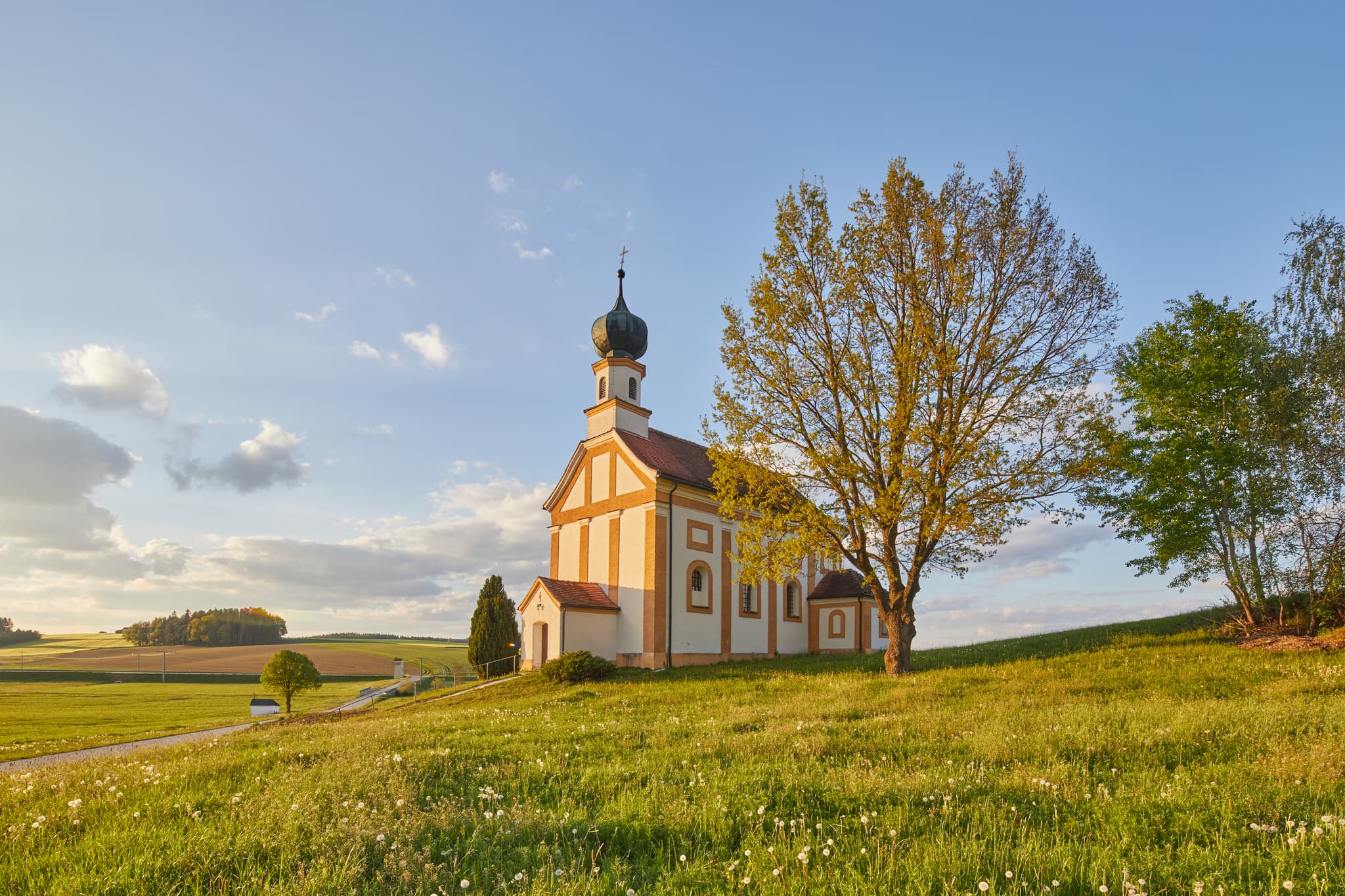 Niederaich Kirche in Pleiskirchen, Landkreis Altötting, Oberbayern, Inn-Salzach, Bayern, Deutschland. Kirche im schönen Licht auf einer Wiese.