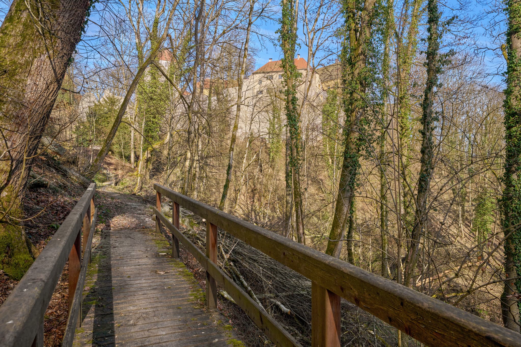 Schloss Neuburg am Inn, Landkreis Passau, Niederbayern, Deutschland. Ansicht von einem Waldweg mit Brücke auf die Burganlage. Region Bayerischer Wald.
