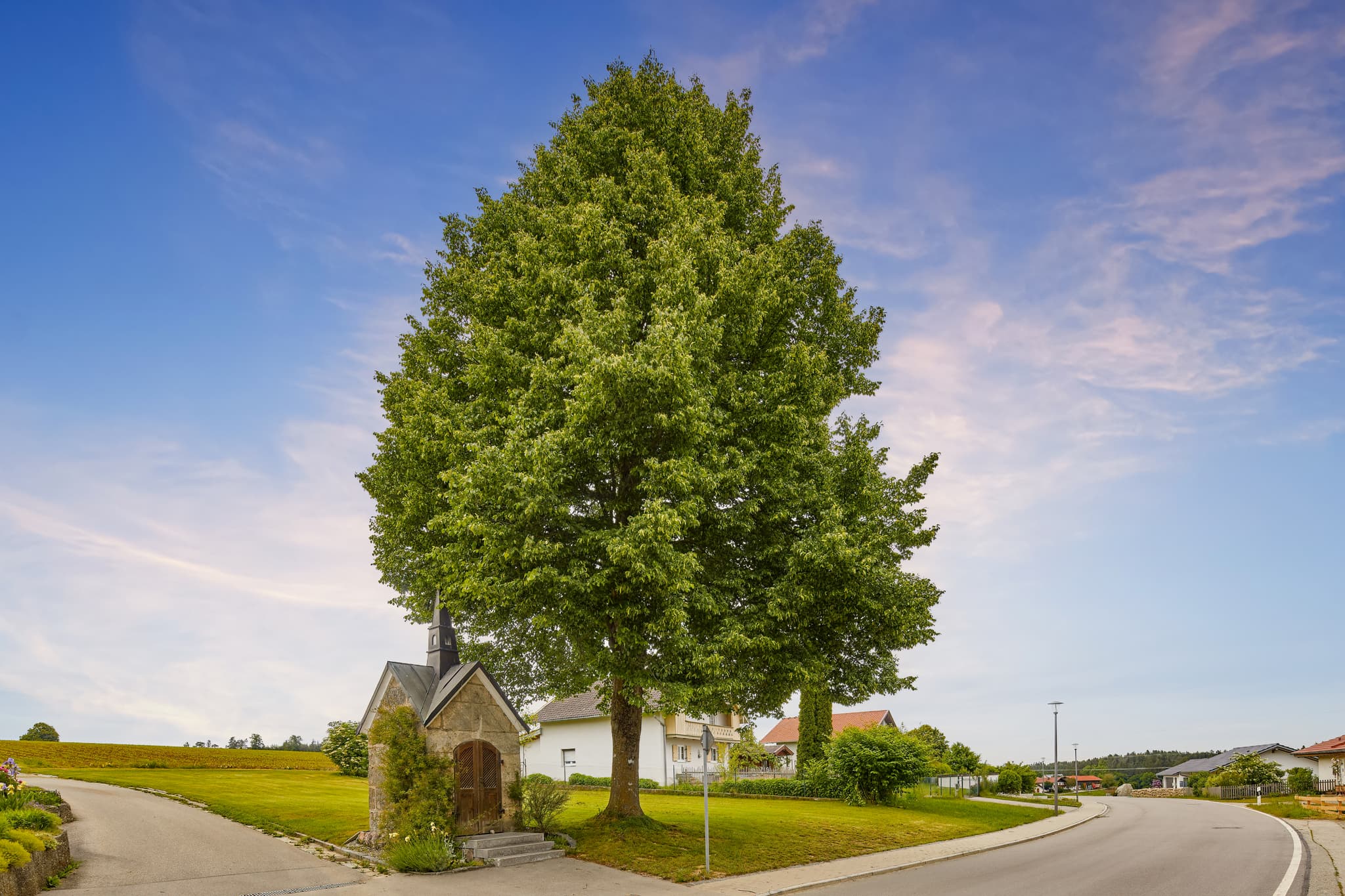 Malerische Kapelle und großer Baum an einem Weg in Tyrlaching, Landkreis Altötting, Oberbayern, Region Inn-Salzach, Deutschland. Ruhige ländliche Landschaft.
