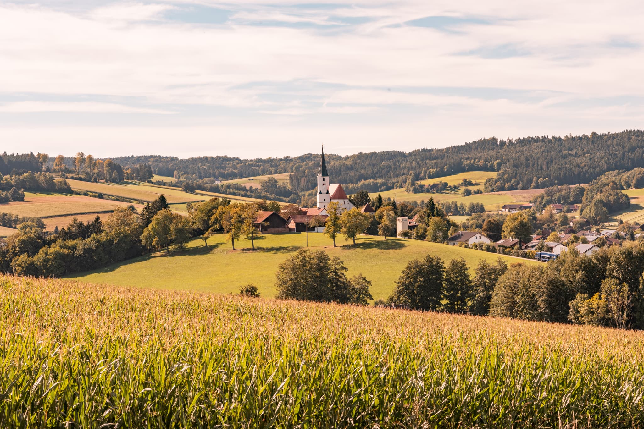 Aussicht auf Pfarrkirche St. Georg und Urban in Kaltenöd, Stubenberg, Rottal-Inn, Niederbayern, Deutschland, Holzland, Hügellandschaft.