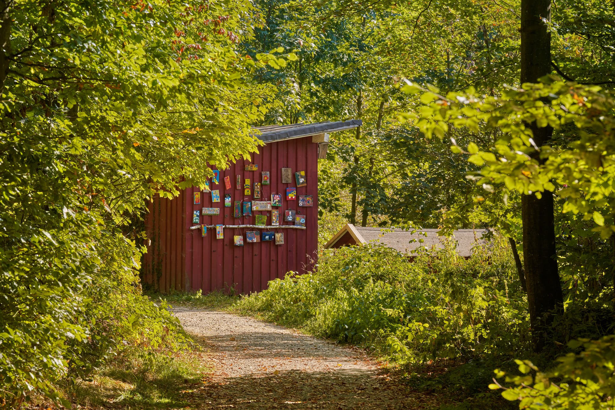 Waldkindergarten im Herbst in Bad Griesbach, Landkreis Passau, Niederbayern, Bayern, Deutschland. Das Bild zeigt eine Hütte Wald.