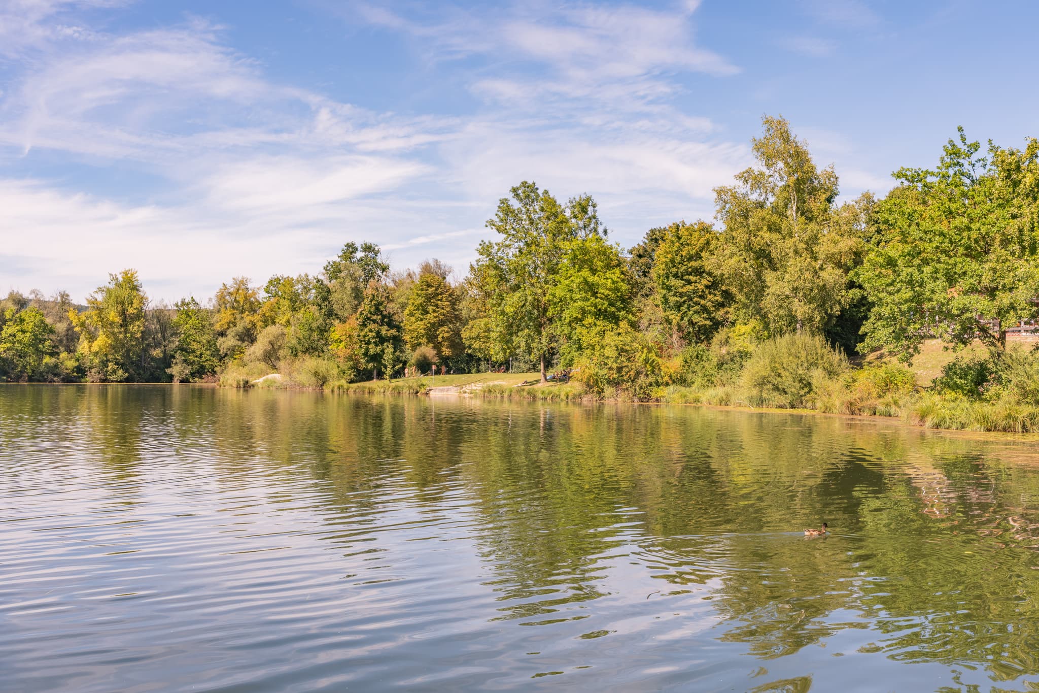 Idyllischer Waldsee mit Uferbäumen und ruhigem Wasser in Kirchdorf am Inn, Rottal-Inn, Niederbayern, Deutschland. Gelegen im Bäderdrieck.