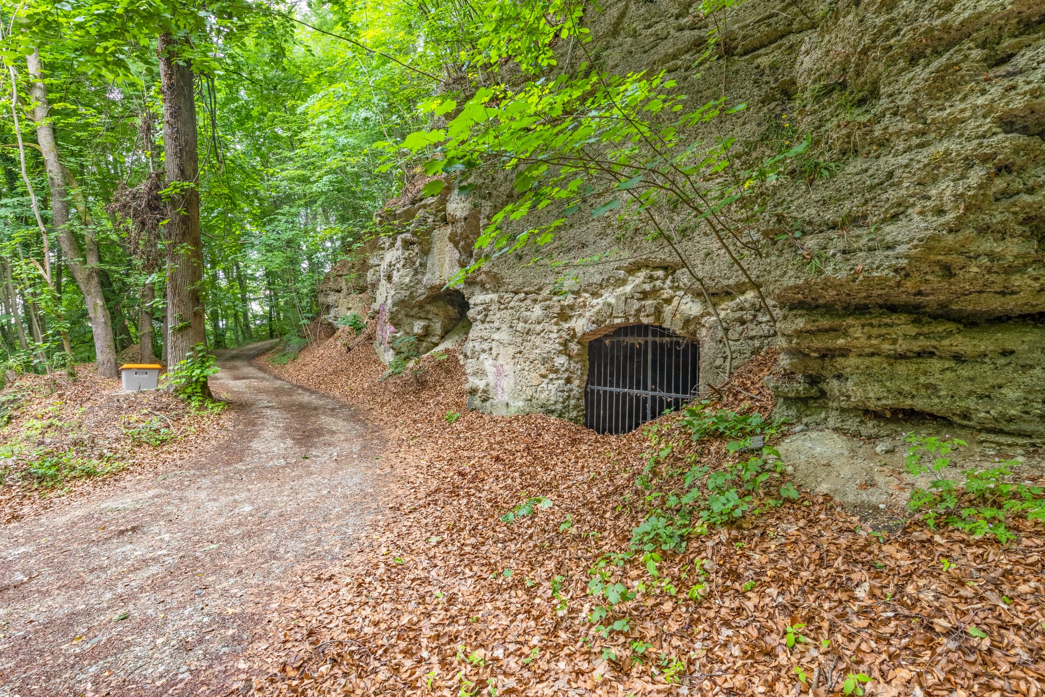 Alte Bierkeller im Tuffstein, Wald bei Garching, Landkreis Altötting. Oberbayern, Region Inn-Salzach, Deutschland. Historisches Bauwerk in natürlicher Umgebung.