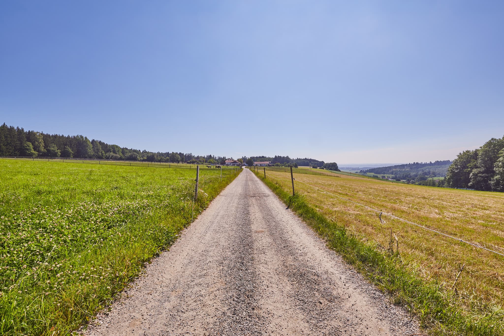 Schotterweg führt durch weite Wiesen und ländliche Landschaft. Glatzberg Geidobl, Heldenstein, Mühldorf am Inn, Oberbayern, Inn-Salzach, Deutschland.