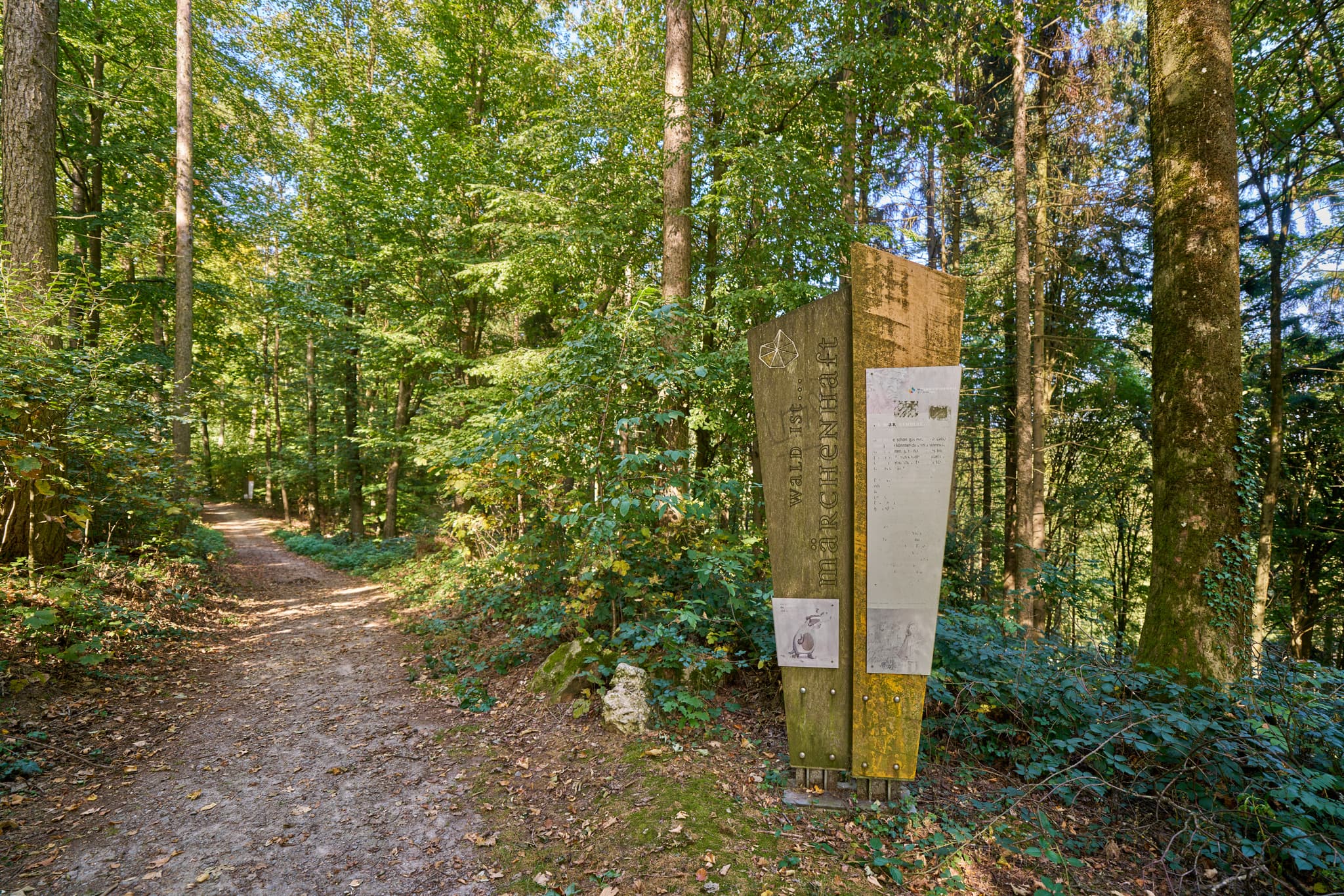 Waldweg in Bad Griesbach, Landkreis Passau, Niederbayern, Bayern, Deutschland. Informationstafel im Wald.