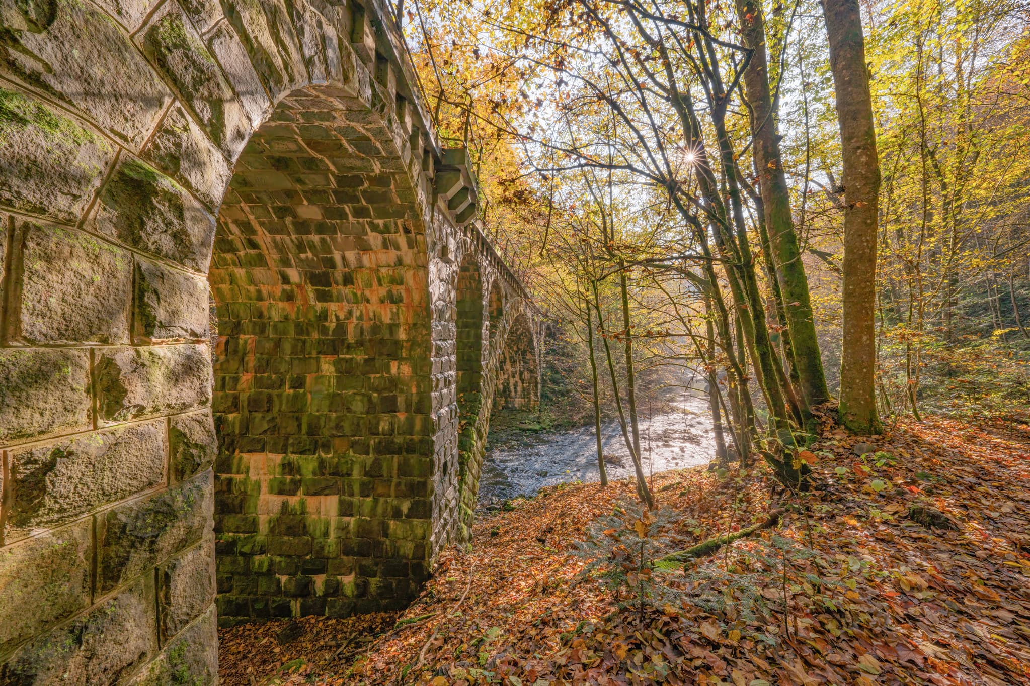 Historische Granitbahn-Brücke über den Erlau Bach im Erlautal, Thyrnau, Obernzell im Landkreis Passau, Niederbayern, Donau-Wald, Deutschland.