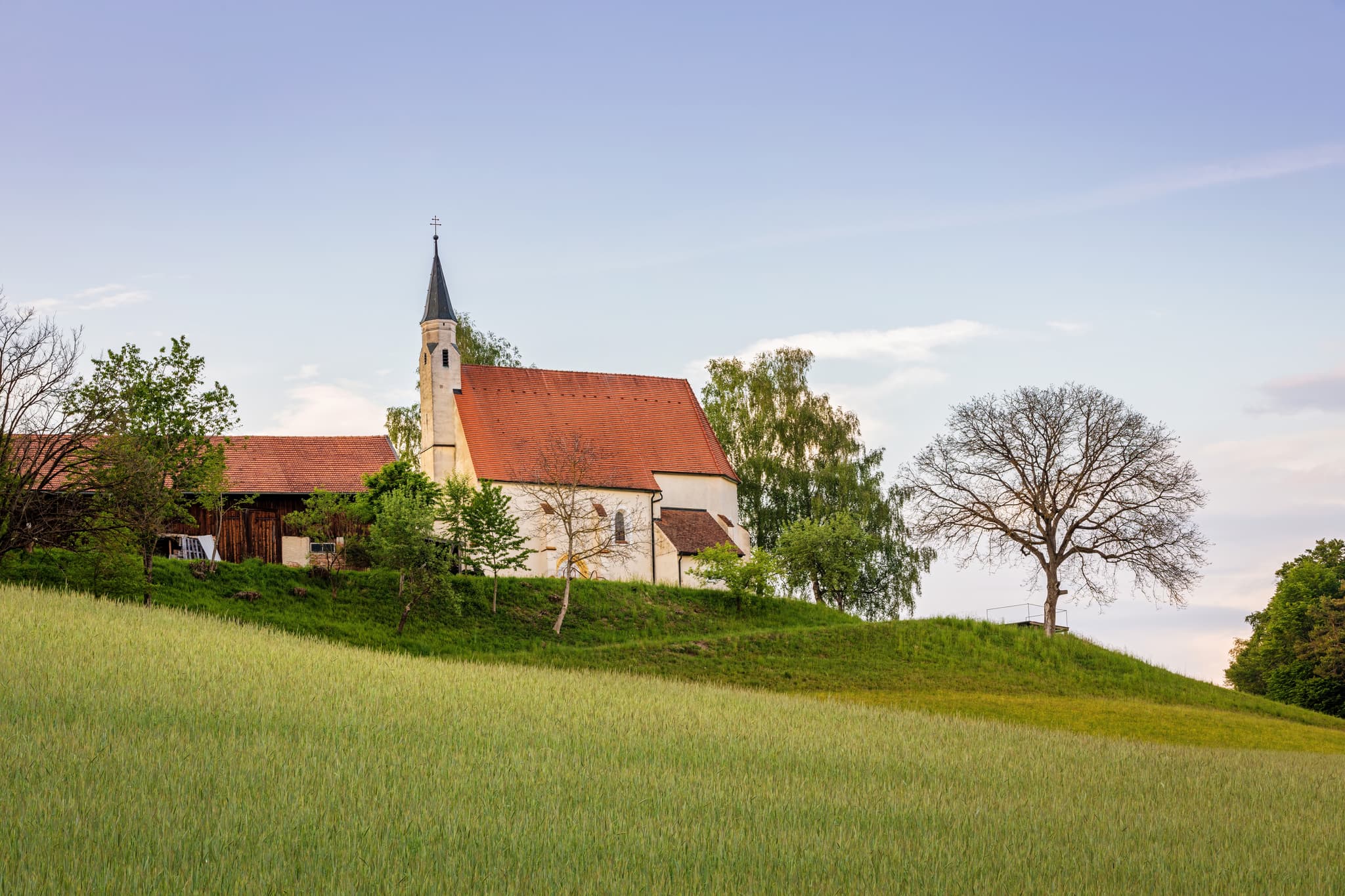 Rückseitige Ansicht der Kirche Sankt Kolomann in Kirchhaunberg bei Reischach, Landkreis Altötting, Oberbayern. Landschaft mit Baum.