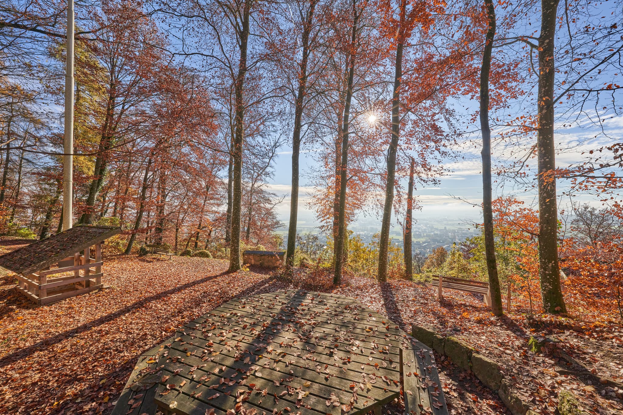 Runder Tisch im Herbst auf dem Schlossberg in Julbach, Gemeinde Julbach, Landkreis Rottal-Inn, Niederbayern, Holzland, Bayern, Deutschland.