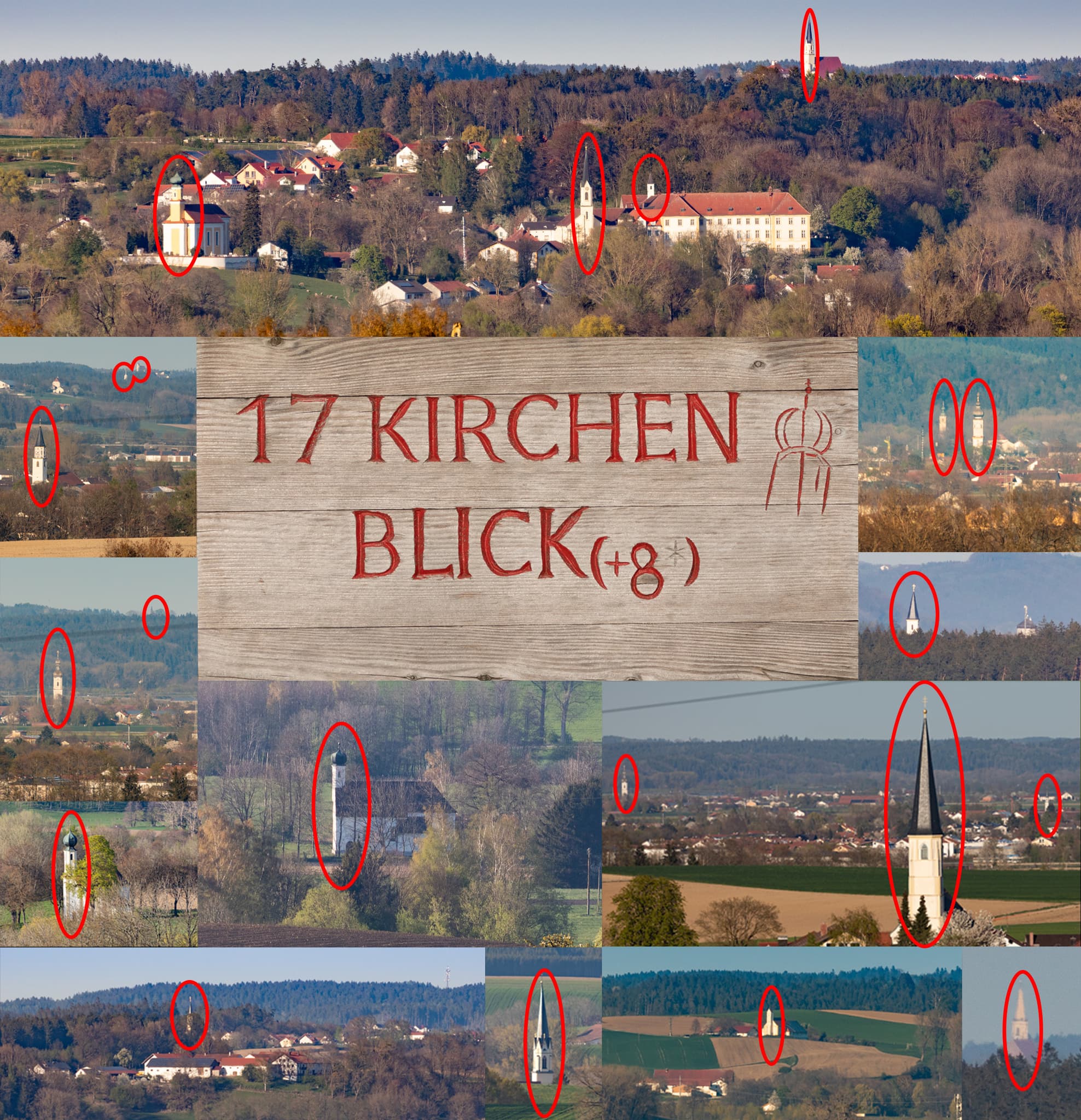 Blick auf 17 Kirchen rund um Heldenstein, Mühldorf am Inn, Oberbayern. Die weite Landschaft der Region Inn-Salzach in Deutschland zeigt viele sakrale Bauten.