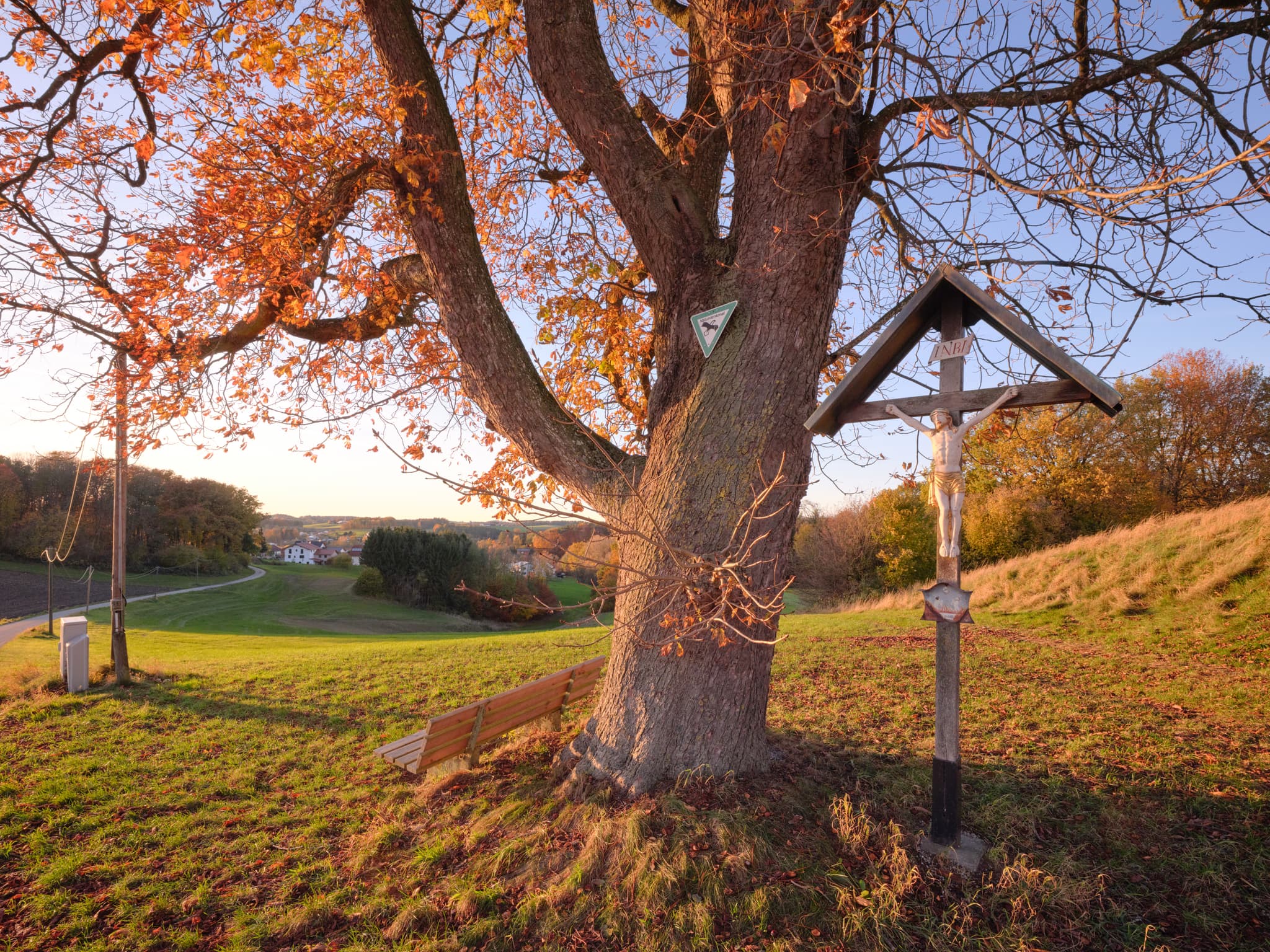Herbstliche Kastanie mit Kreuz und Bank in Petzlberg, Reischach, Altötting. Landschaft in Oberbayern, Inn-Salzach, Deutschland zeigt grüne Hügel.