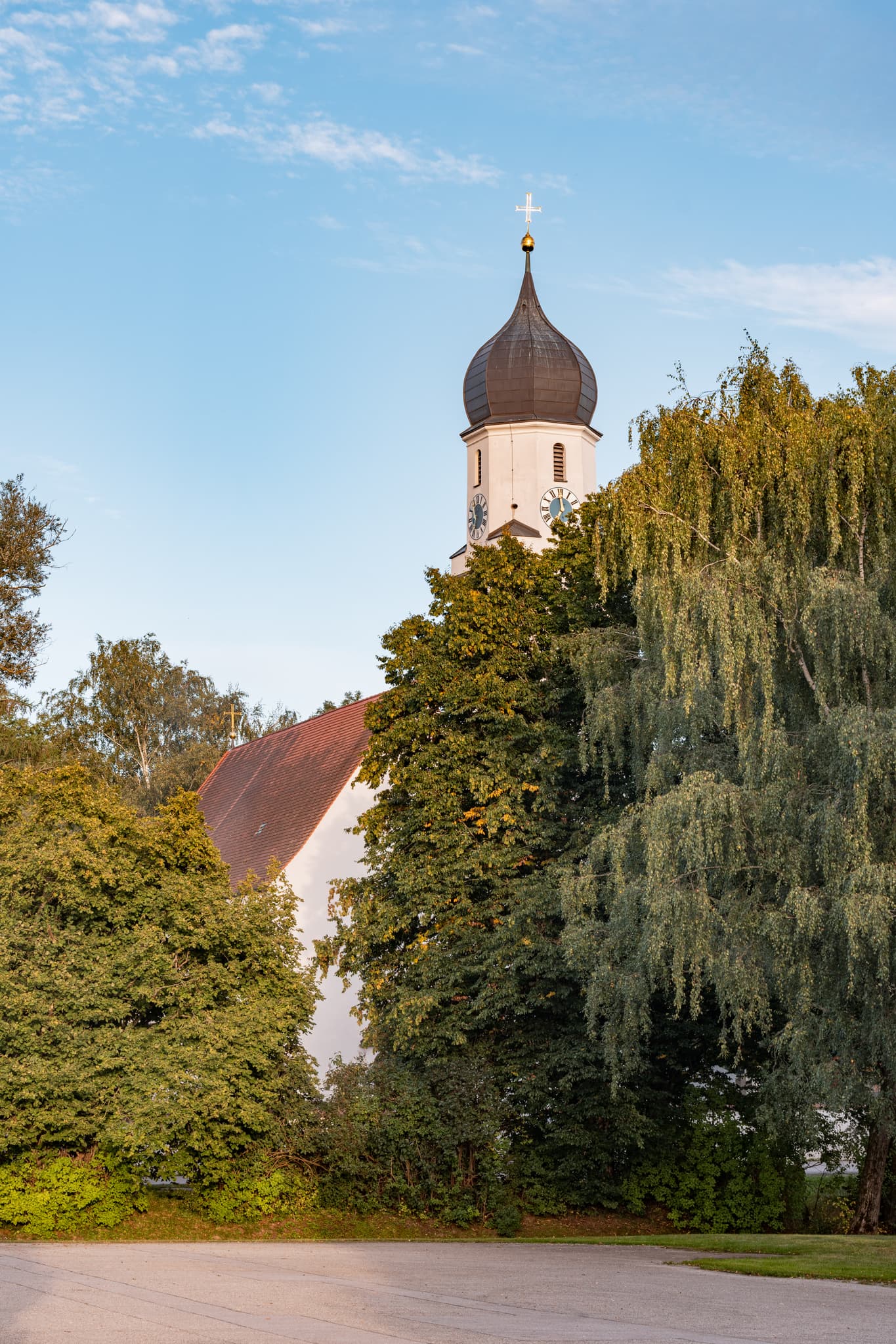 Ansicht der Filialkirche St. Martin in Dirnaich, Gangkofen, Rottal-Inn, Niederbayern (Deutschland). Malerische Landschaft im Holzland mit Kirche und Bäumen.
