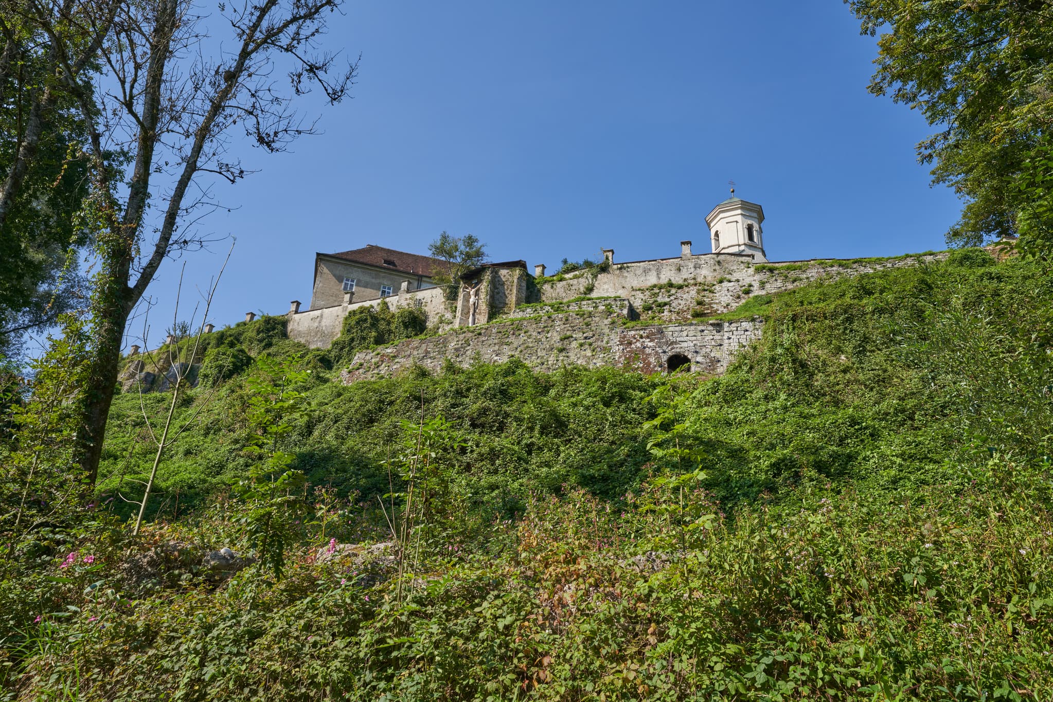 Kloster Raitenhaslach in Burghausen, Altötting, Landkreis Altötting, Oberbayern, Inn-Salzach, Bayern, Deutschland. Die Bebauung ist von dichtem Grün bedeckt.