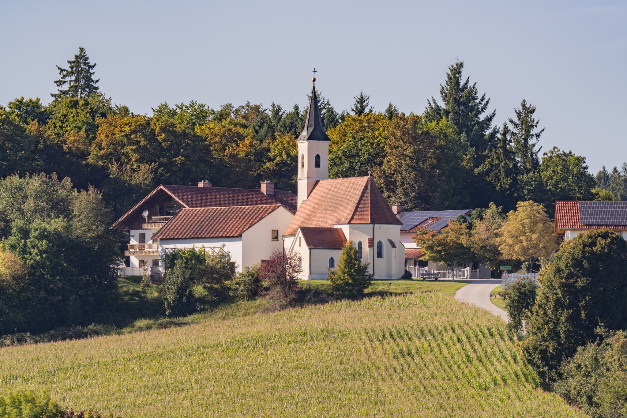 Blick von Schwaigeröd auf Guteneck,  Johanniskirchen, Rottal-Inn, Niederbayern, Deutschland. Kirche und Häuser sind von Feldern umgeben, Holzland.