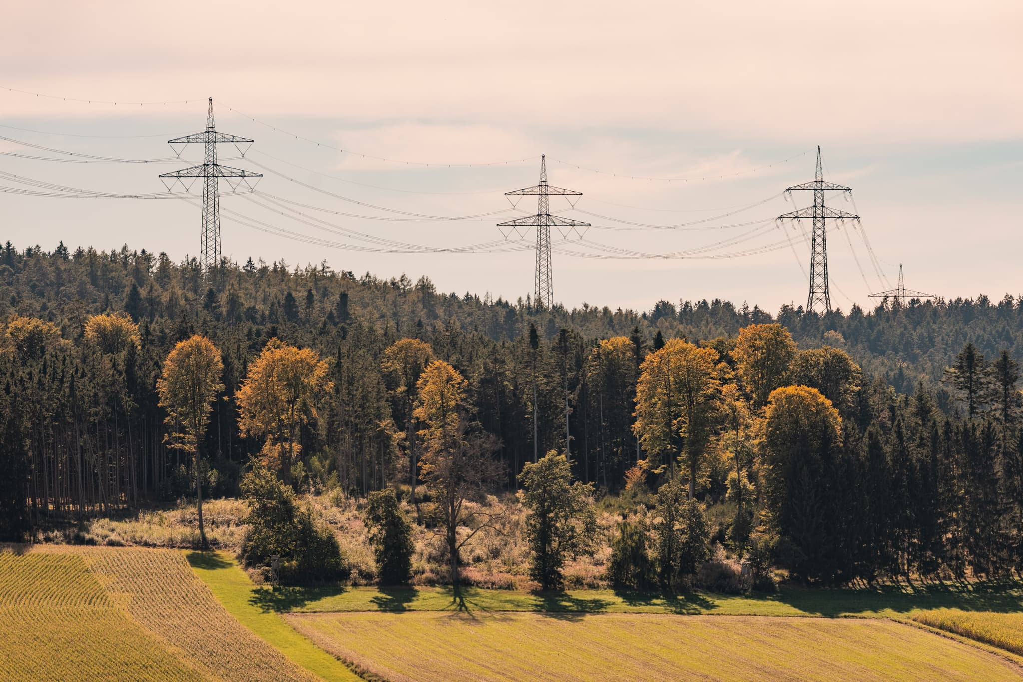 Landschaft nahe Stubenberg, Rottal-Inn. Strommasten über bewaldeten Hügeln erheben sich, davor weite Felder im Holzland, Niederbayern.