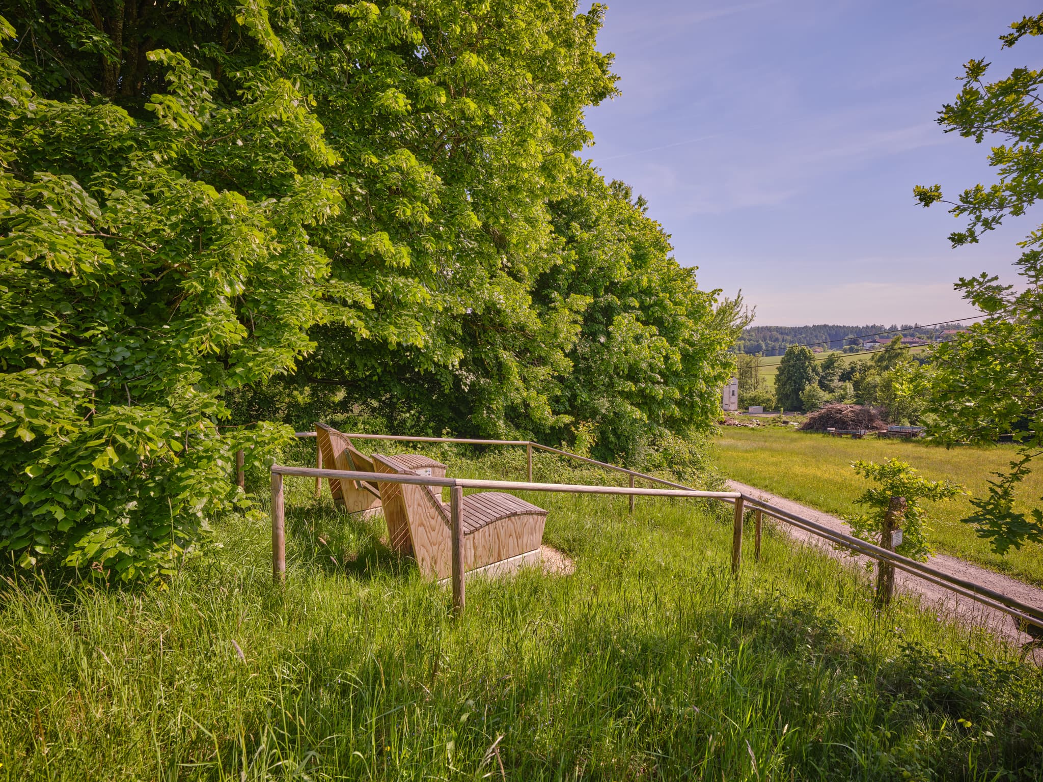 Holzbänke am Hangweg in Steinhausen, Erlbach, Altötting, Oberbayern. Szene der Region Inn-Salzach, Deutschland, mit Bäumen, Wiesen und weitem Ausblick.