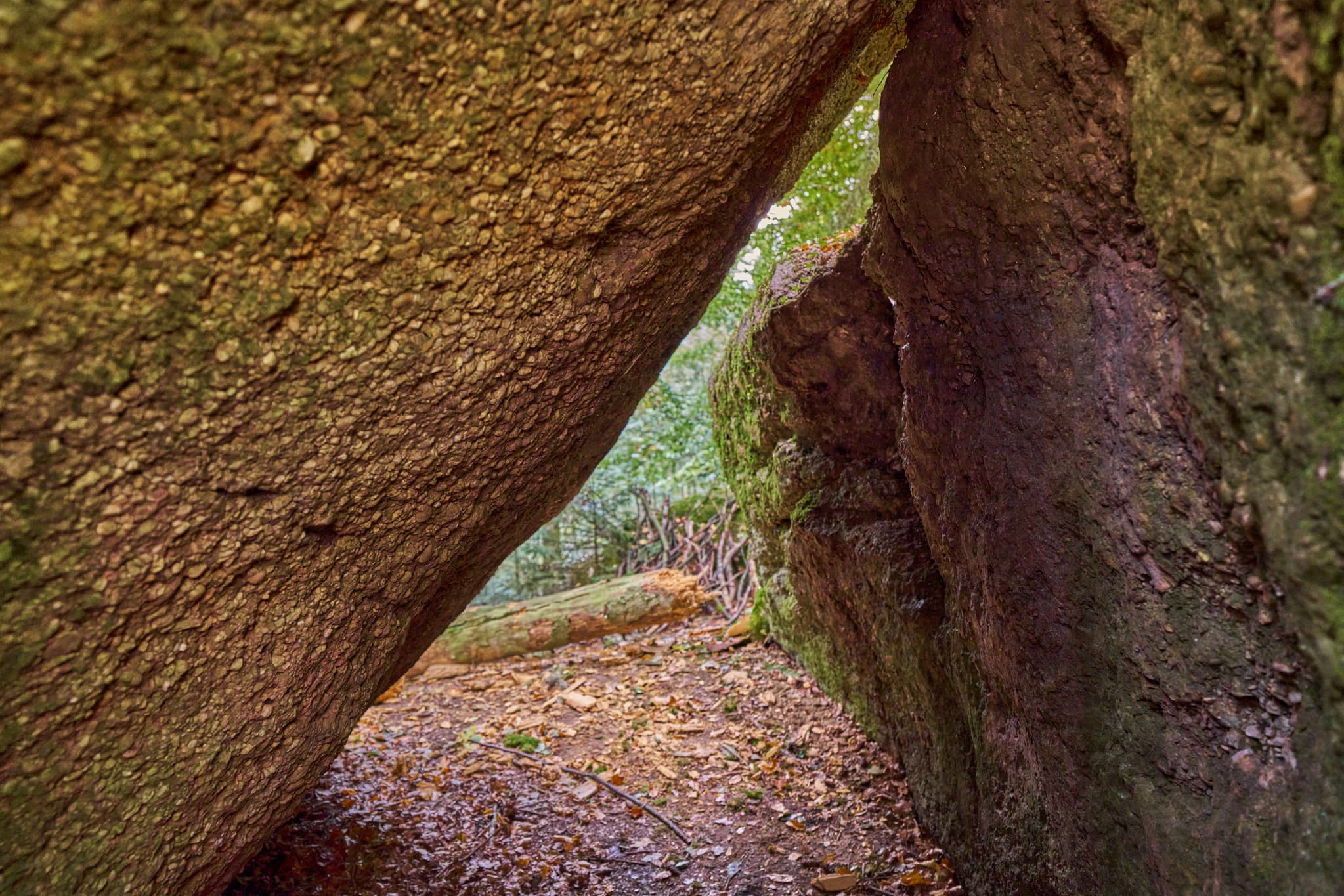 Teufelsstein in Bad Griesbach, Landkreis Passau, Niederbayern, Bayern, Deutschland. Das Bild zeigt Details der Felsstrukturen mit Farbreste.