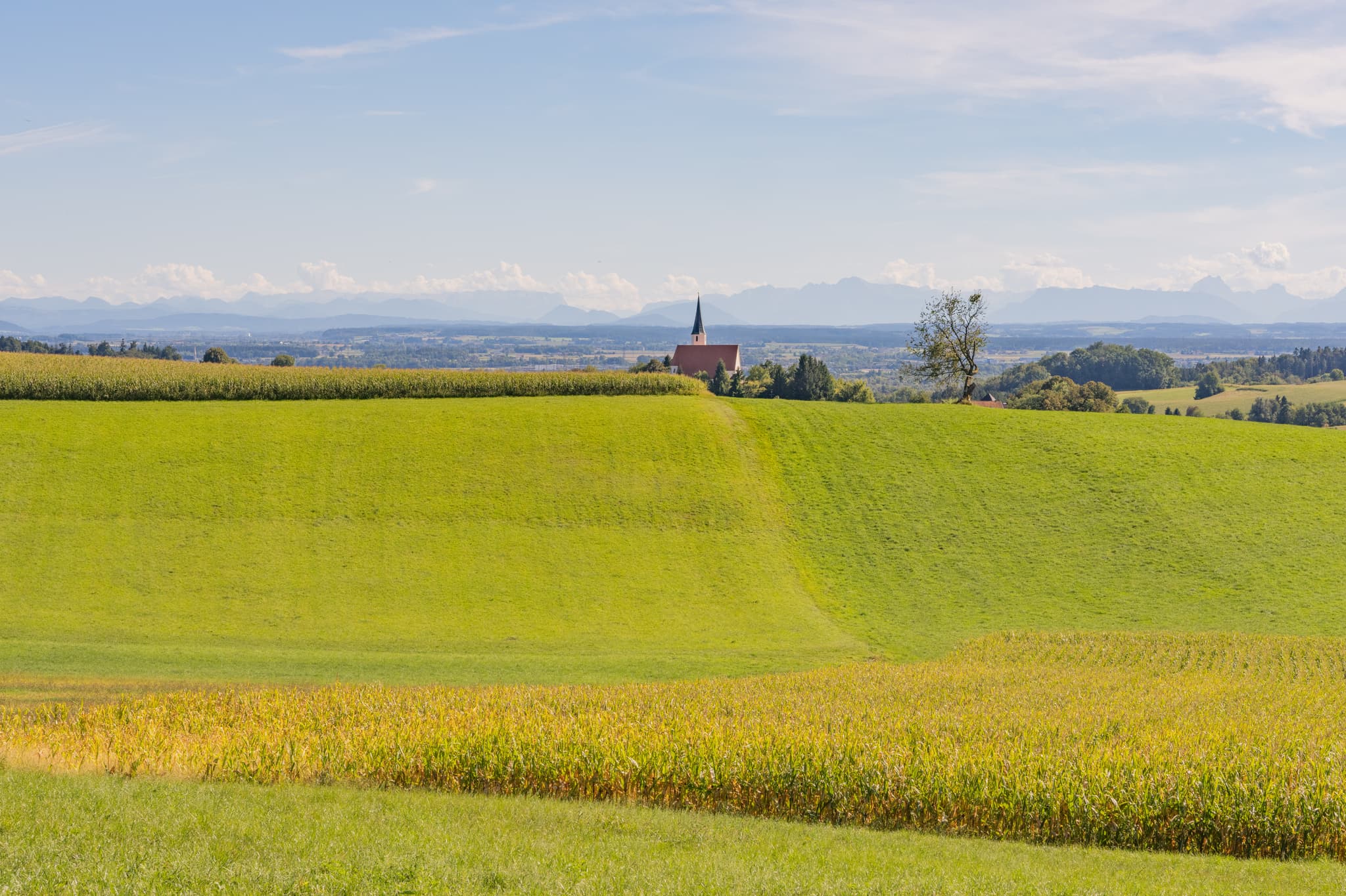 Pfarrkirche St. Georg und Urban in Stubenberg, Rottal-Inn, Niederbayern, Deutschland. Ländliche Hügellandschaft im Holzland mit Feldern, Alpenblick.