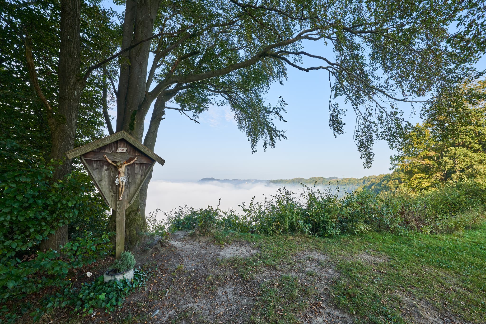 Aussichtspunkt mit Blick auf ein Nebelmeer über Marktl in Oberbayern, Deutschland. Region Inn-Salzach. Wunderschöne Morgenlandschaft.