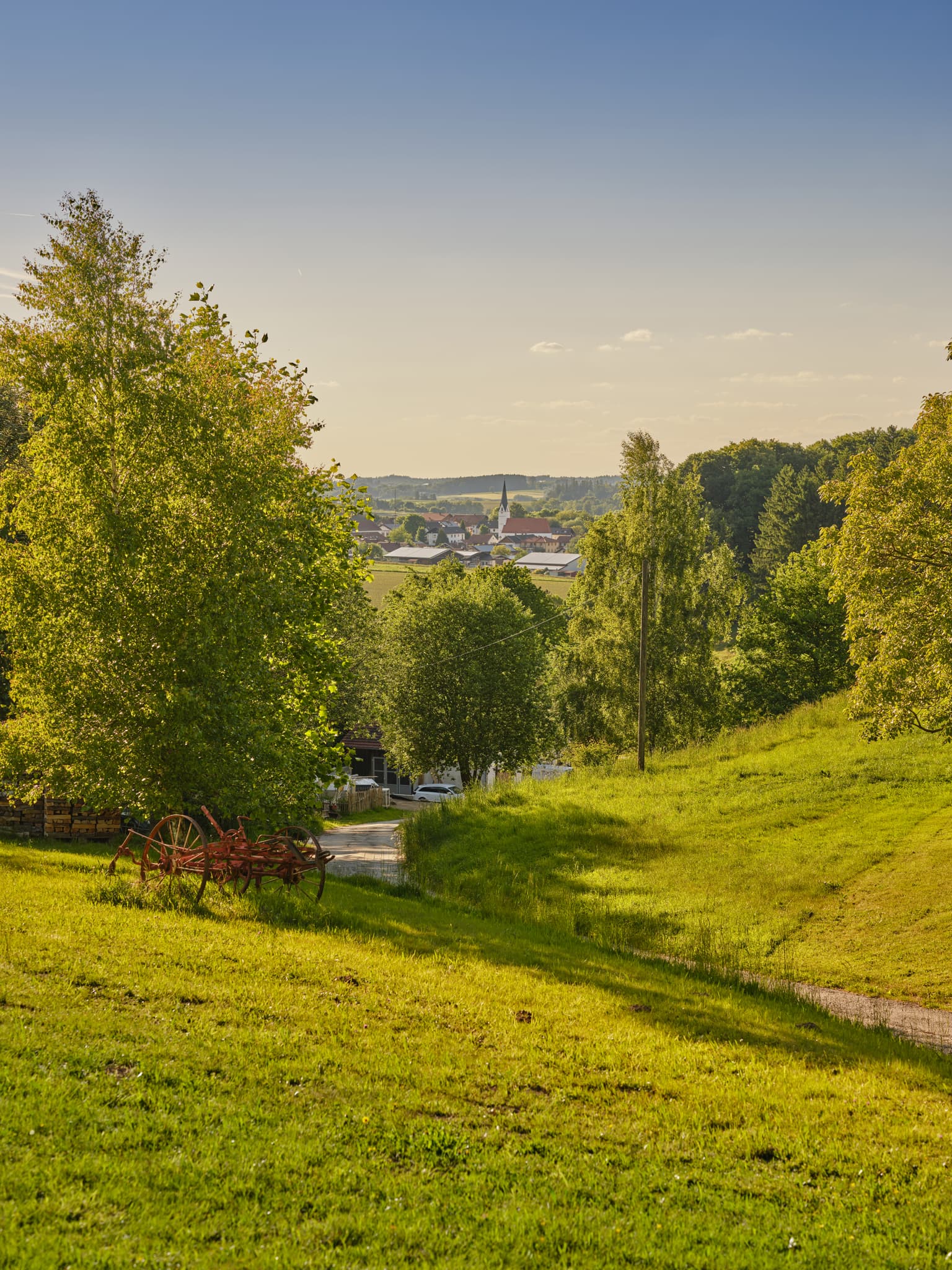 Waldberg Richtung Arbing, Reischach, Landkreis Altötting, Oberbayern, Deutschland.  Alte Landmaschine am Hang in der Region Inn-Salzach.