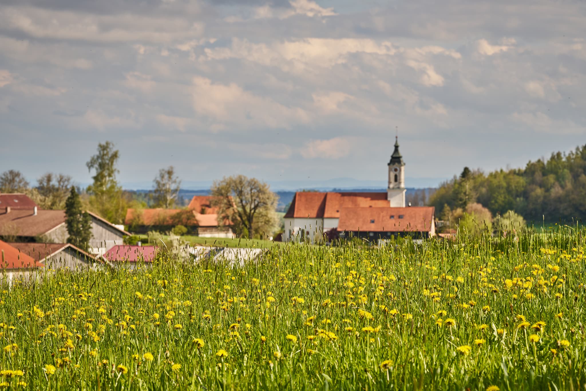 Frühlingslandschaft mit Kirche St. Wolfgang in Bad Griebsach, Landkreis Passau, Niederbayern, Deutschland.