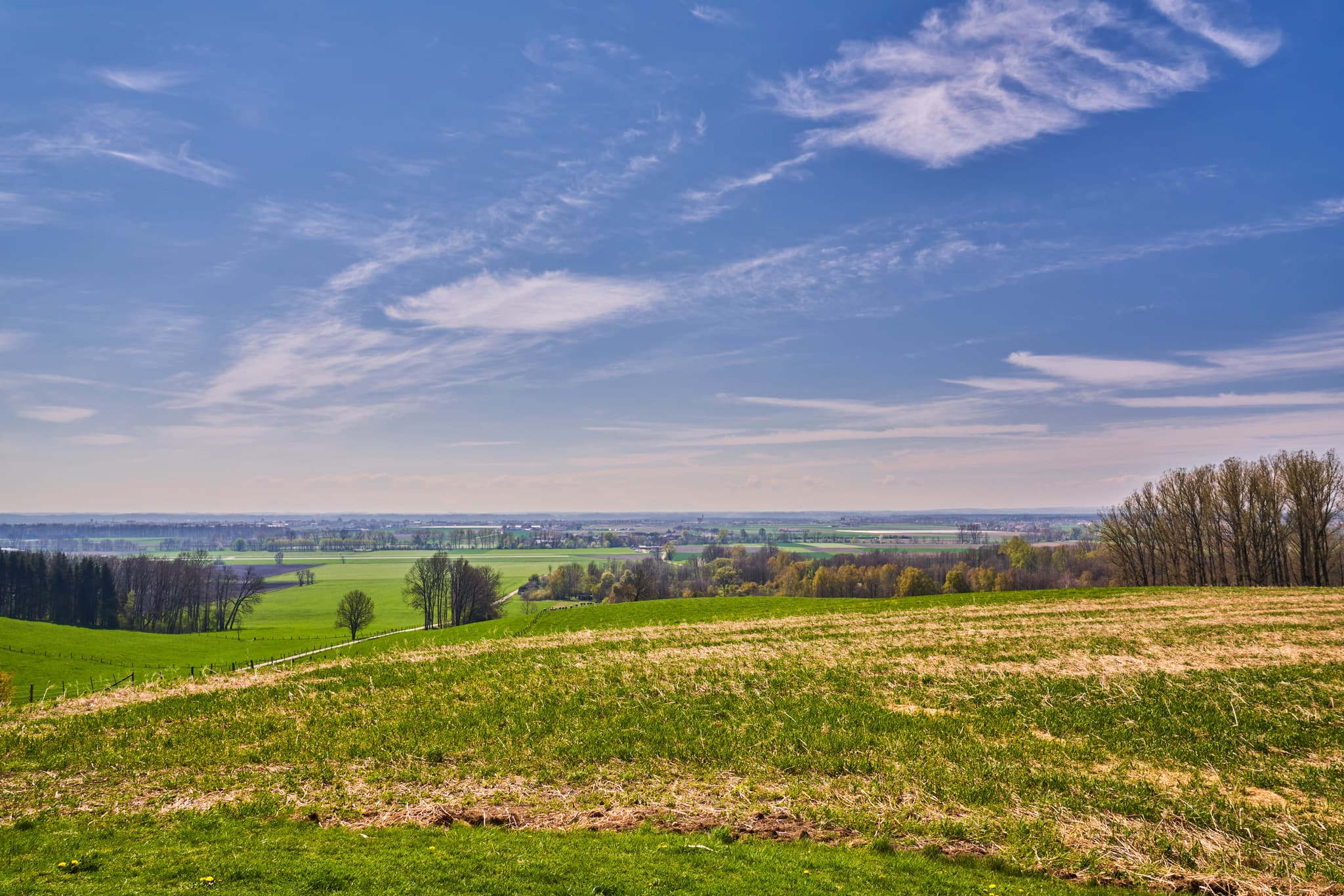 Herrliche Weitblicke über grüne Wiesen und Felder bei Mettenheim im Landkreis Mühldorf am Inn, Oberbayern, Region Inn-Salzach, Deutschland.
