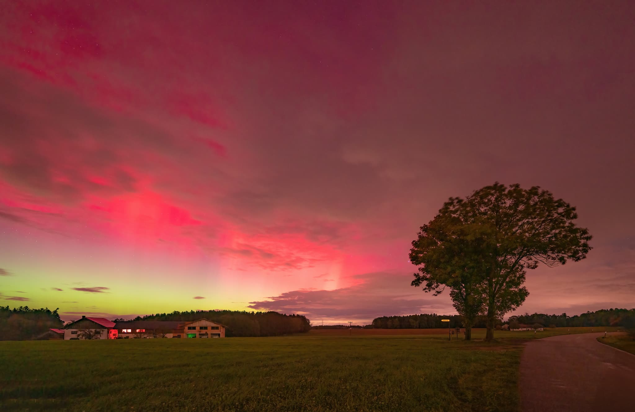 Polarlicht über Wittebreut, Rottal-Inn, Niederbayern. Die ländliche Szene im Holzland, Deutschland, zeigt Felder, Häuser und Bäume unter dem farbigen Himmel.