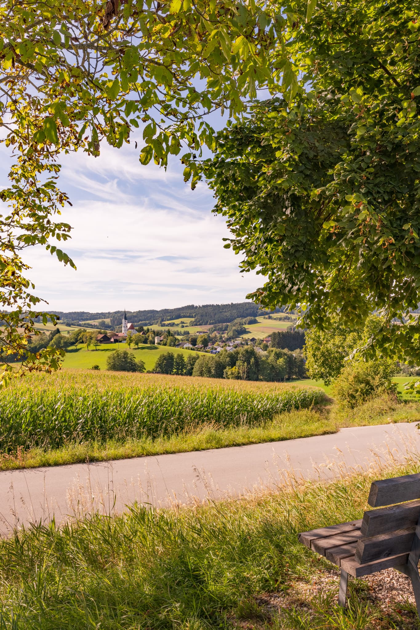 Aussicht auf Pfarrkirche St. Georg und Urban in Kaltenöd, Stubenberg, Rottal-Inn, Niederbayern, Deutschland, Holzland, Hügellandschaft.