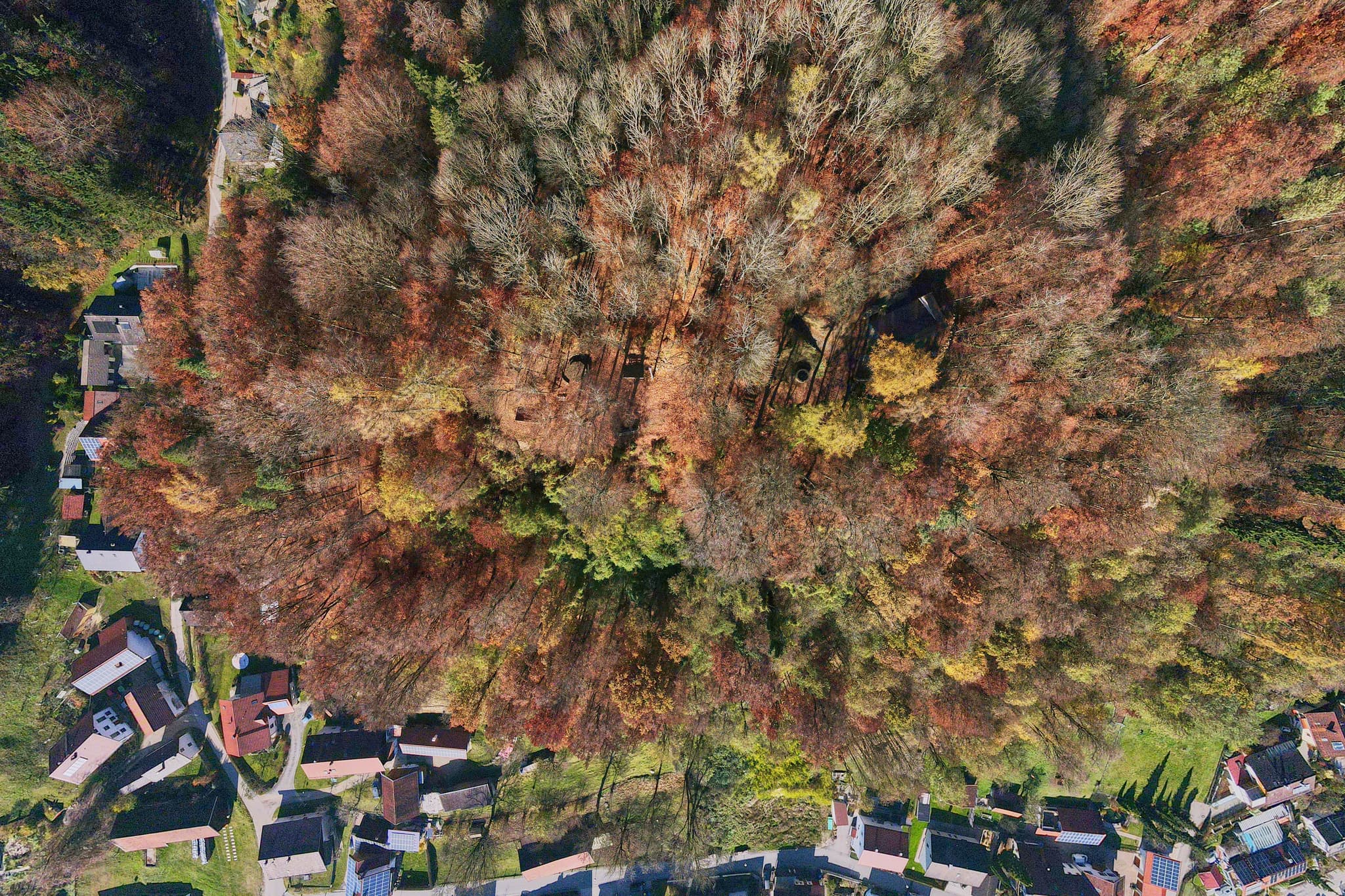 Herbstliche Luftaufnahme eines Waldes nahe Schlossberg, Julbach. Rottal-Inn, Niederbayern, Holzland/Bäderdreieck, Bayern, Deutschland.