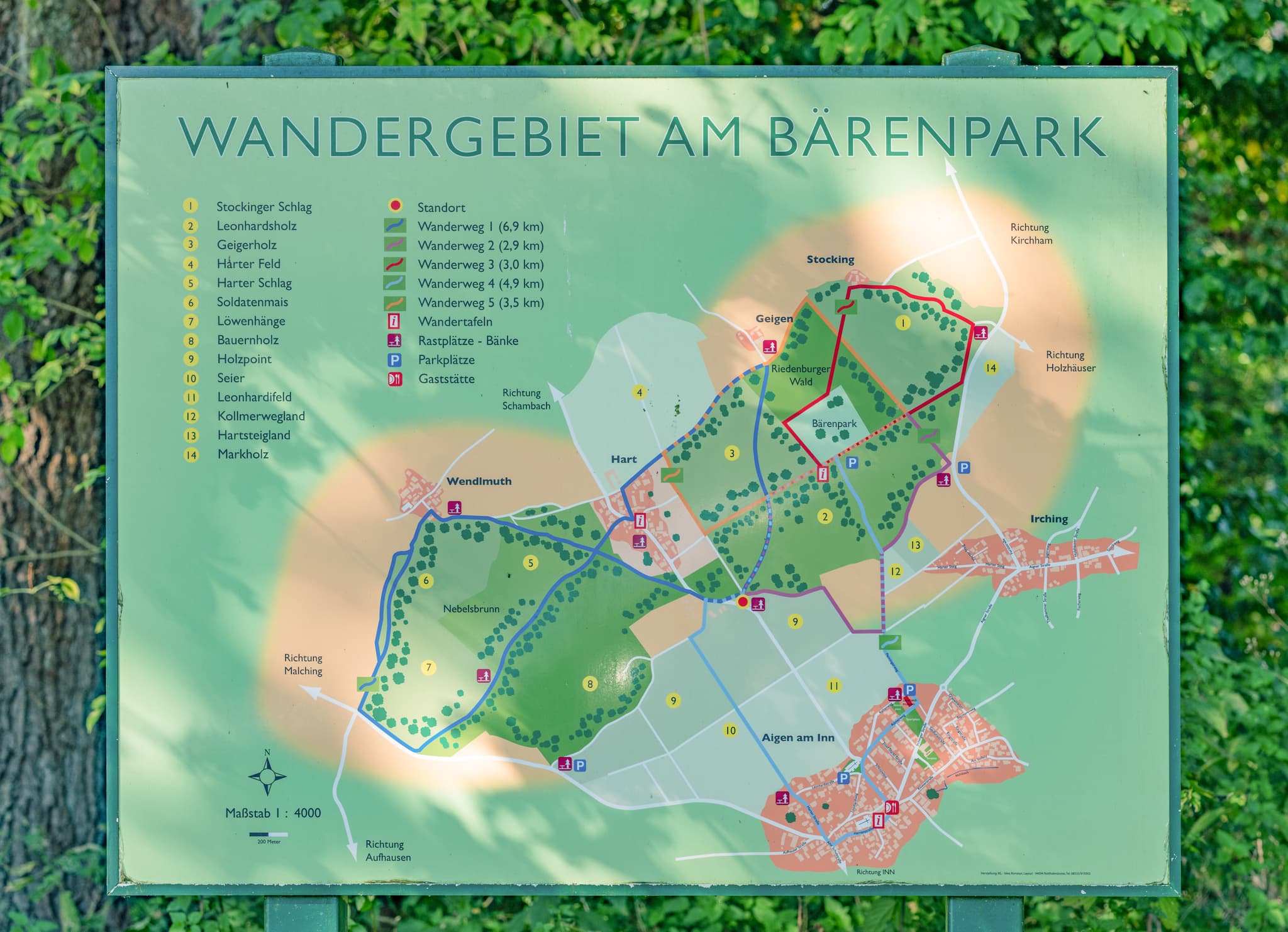 Karte des Wandergebiets am Bärenpark in Aigen am Inn, Bad Füssing, Landkreis Passau, Niederbayern, Deutschland bietet Naturerlebnisse.