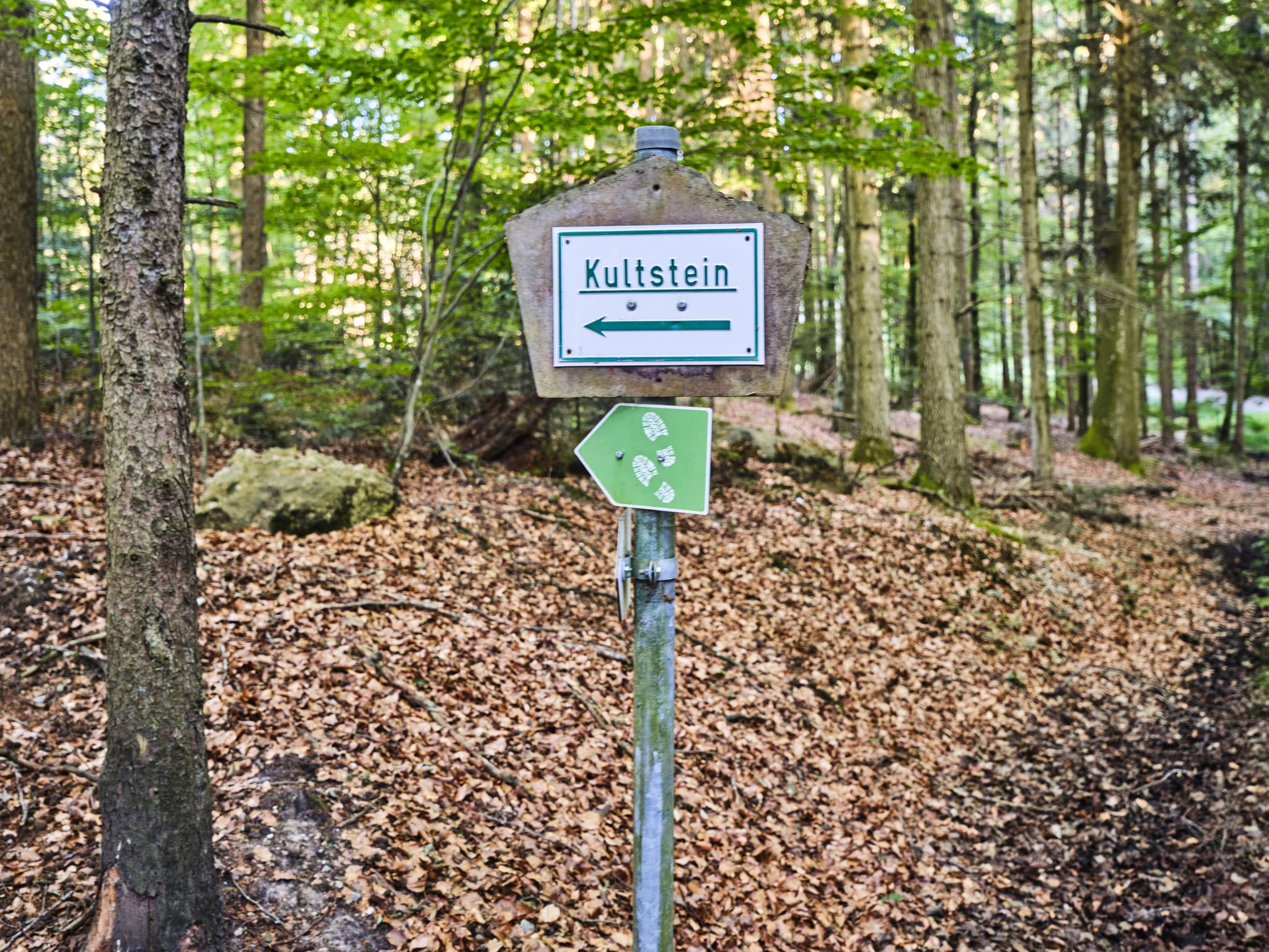 Wegweiser Kultstein bei St. Salvator, Bad Griesbach, Landkreis Passau, Niederbayern, Deutschland. Bild zeigt einen Waldweg mit Blätterboden.