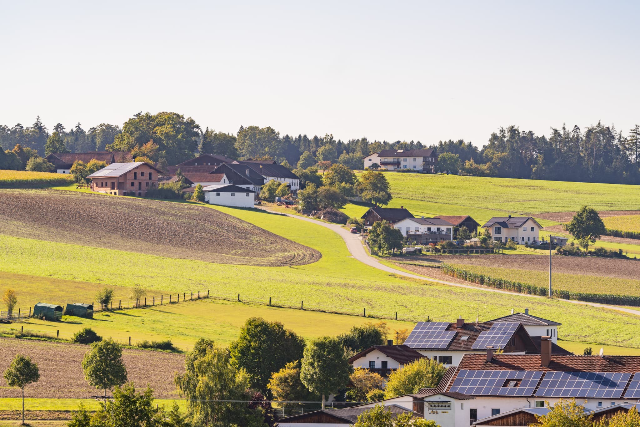 Ortsansicht Reichtung Apfelbach, Johanniskirchen im Landkreis Rottal-Inn, Niederbayern. Ländliche Szene mit Häusern, grünen Feldern im Holzland, Deutschland.