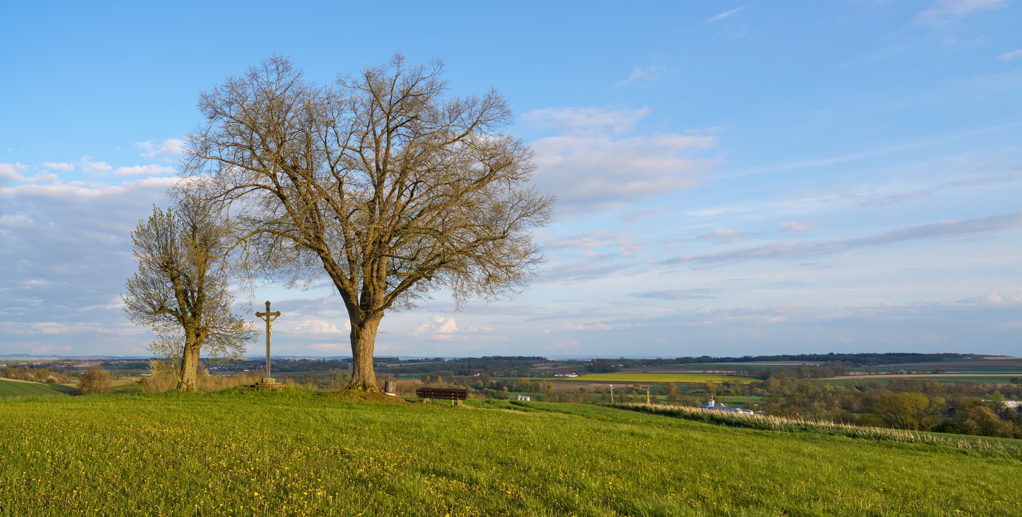 Feldkreuz am Aussichtspunkt in Karpfham, Bad Griesbach im Rottal, Landkreis Passau, Niederbayern. Genieße die weite Landschaft im Bayerischen Wald, Deutschland.