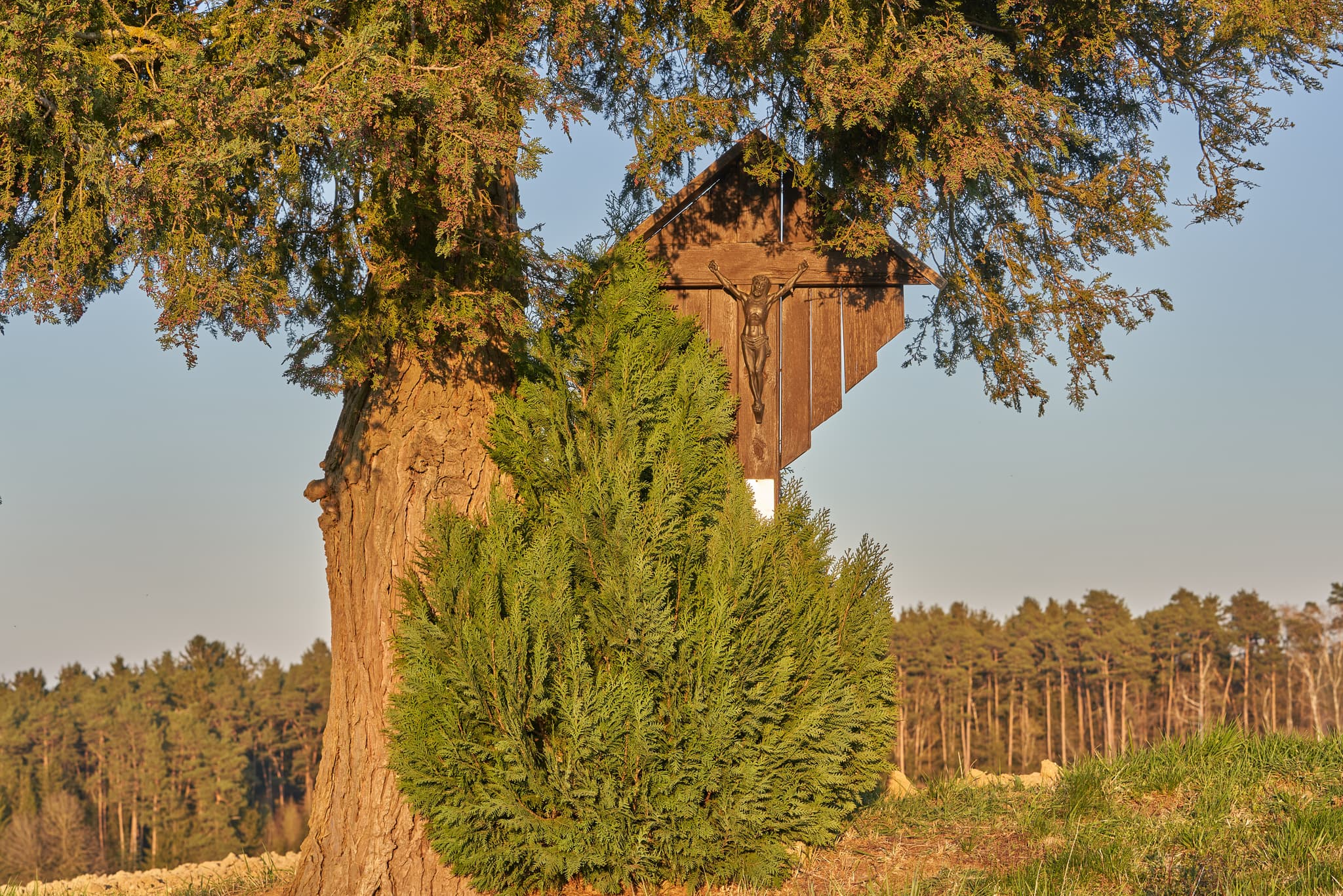 Ein Feldkreuz in Martinskirchen, Ortsteil von Wurmannsquick, Landkreis Rottal-Inn. Das Motiv befindet sich in der Region Holzland, Niederbayern, Deutschland.