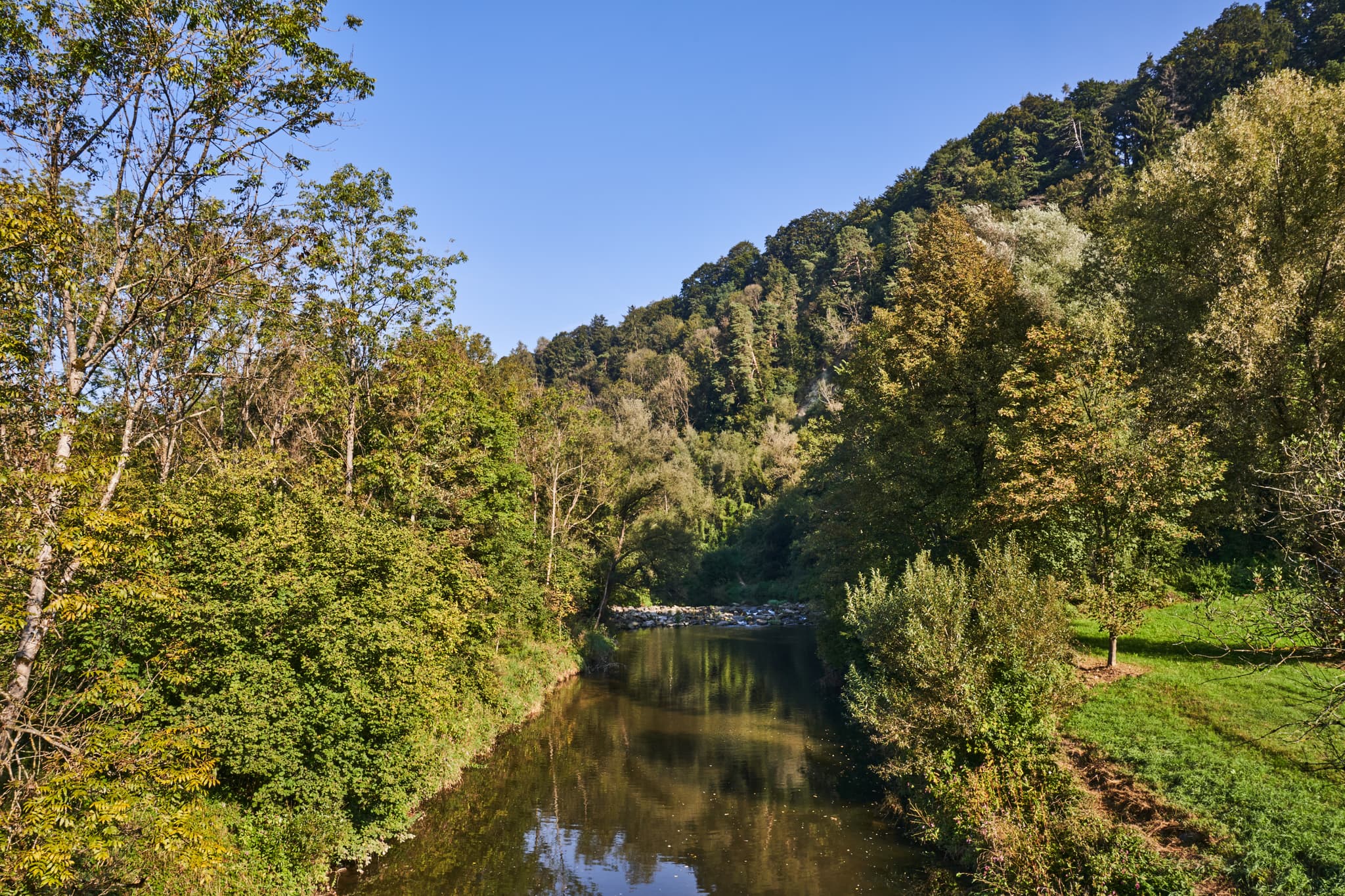 Flusslauf umgeben von Wald und Hügeln in Steinhöring, Winhöring. Landschaft im Landkreis Altötting, Oberbayern, Inn-Salzach, Deutschland. Naturansicht.